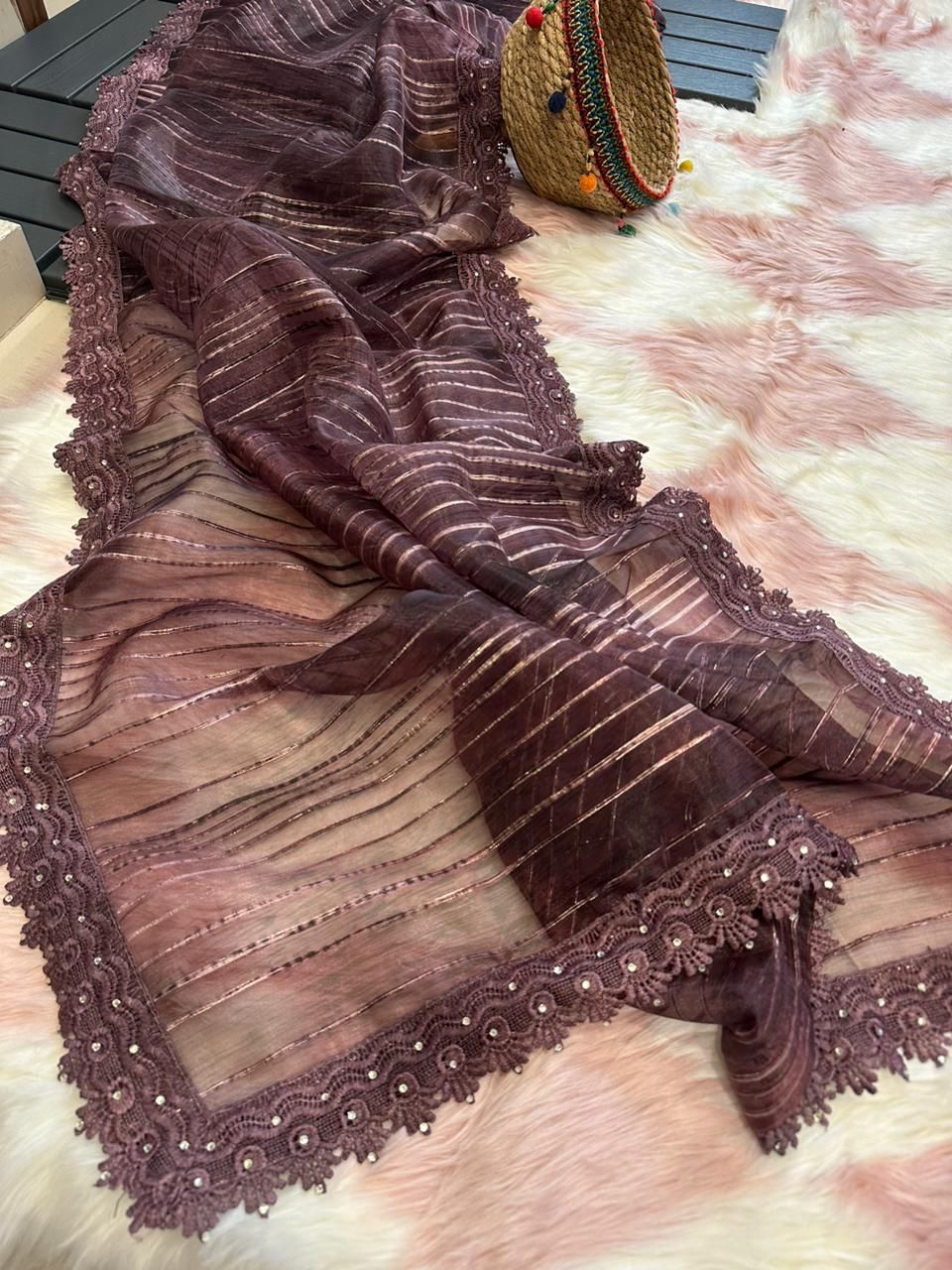 Organza silk  with shiny fabric saree with weaving lines 16826N