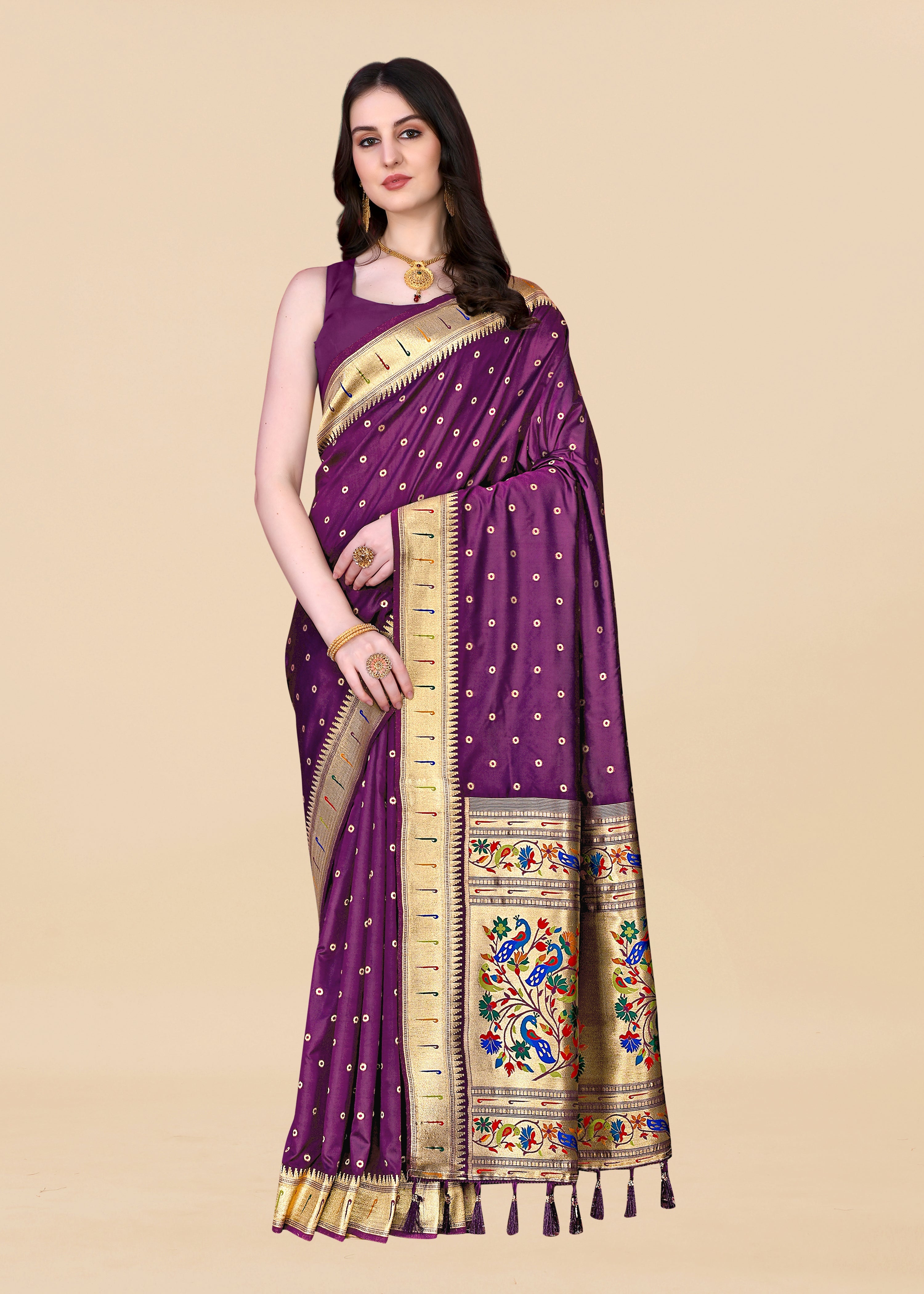 Paithani Semi silk saree with Gold zari weaving motifs and Rich Zari weaving 20726N