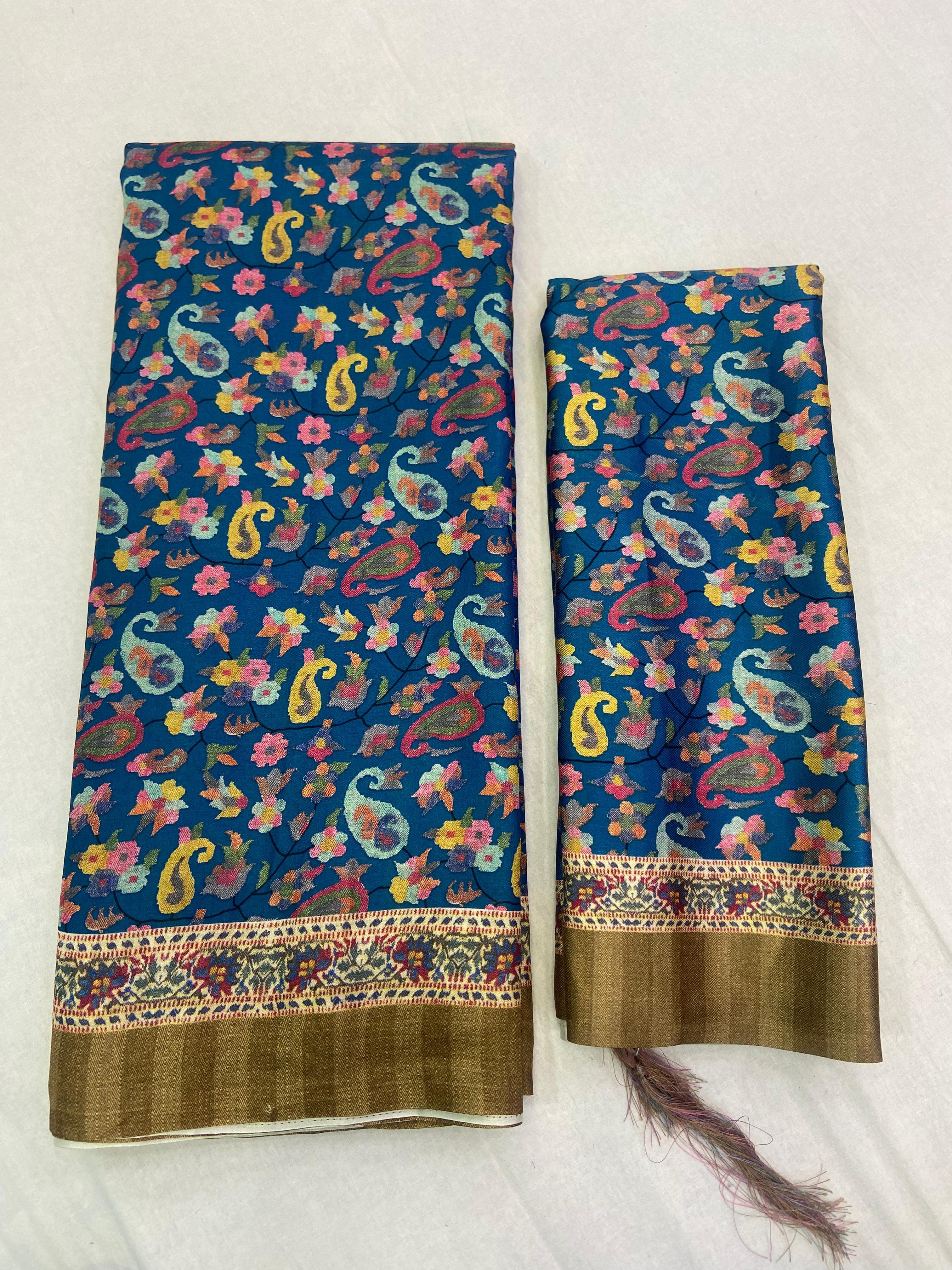Pashmina Fabric Sarees Digital print With Running Blouse 22014N