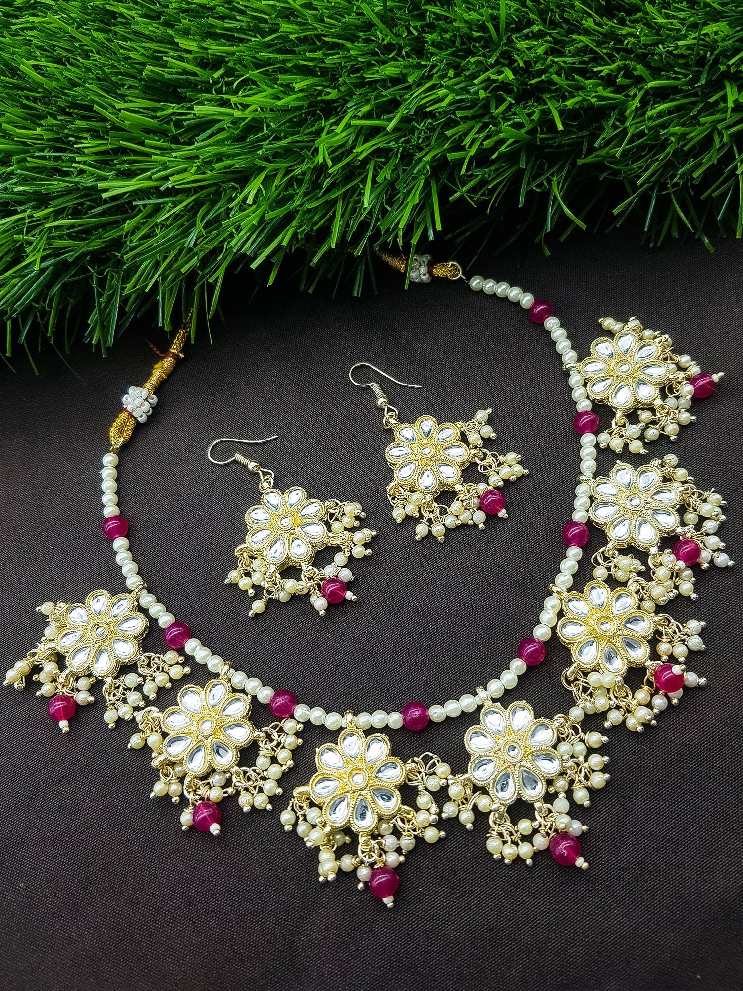 Pearl string Gold Plated kundan stone necklace set 10553N-1