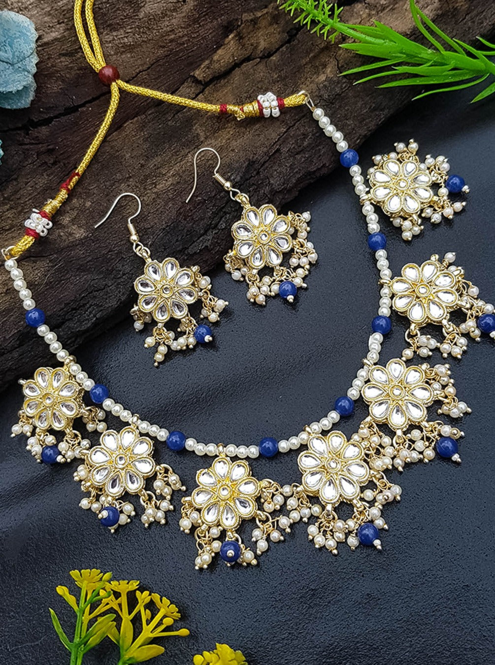 Pearl string Gold Plated kundan stone necklace set 10553N