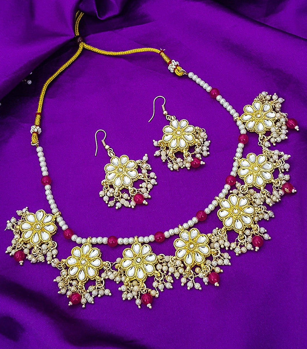 Pearl string Gold Plated kundan stone necklace set 10553N
