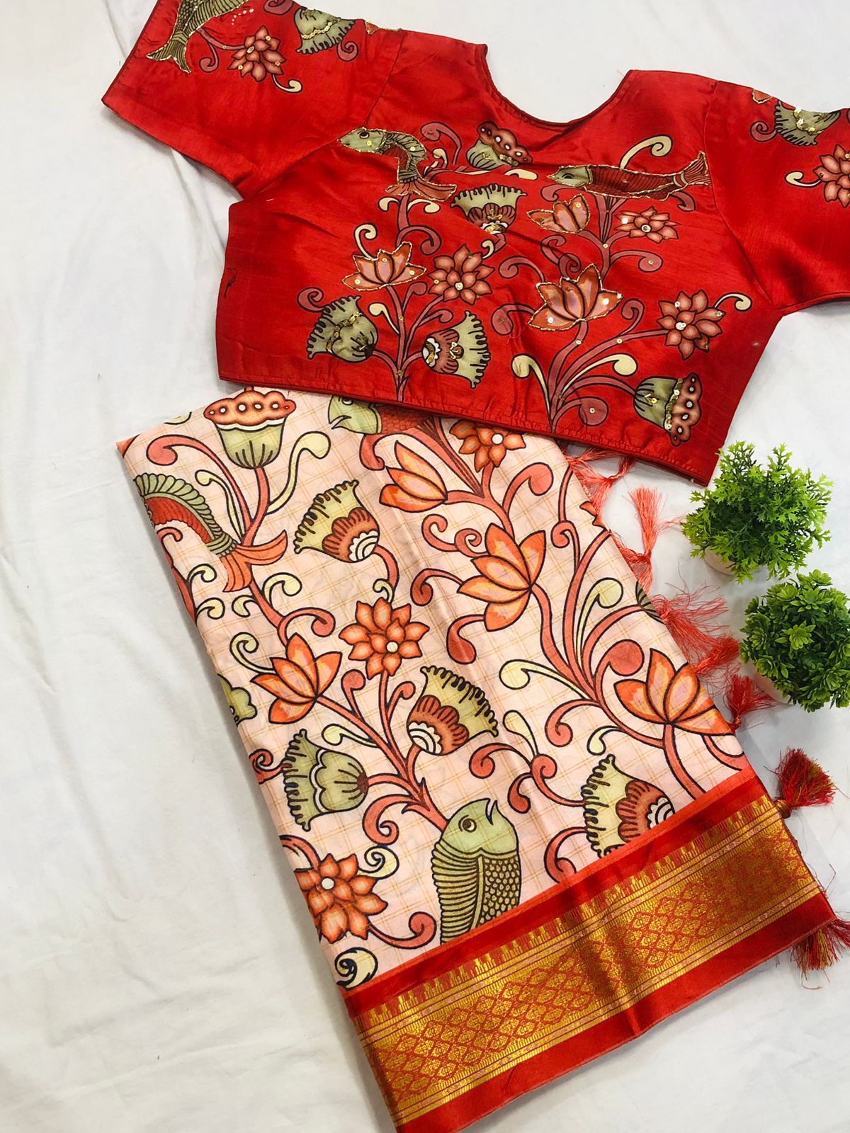 Pichwai Gadwal Pattern semi Pattu Kalmkari Digital Print Designer Saree with blouse 14966N
