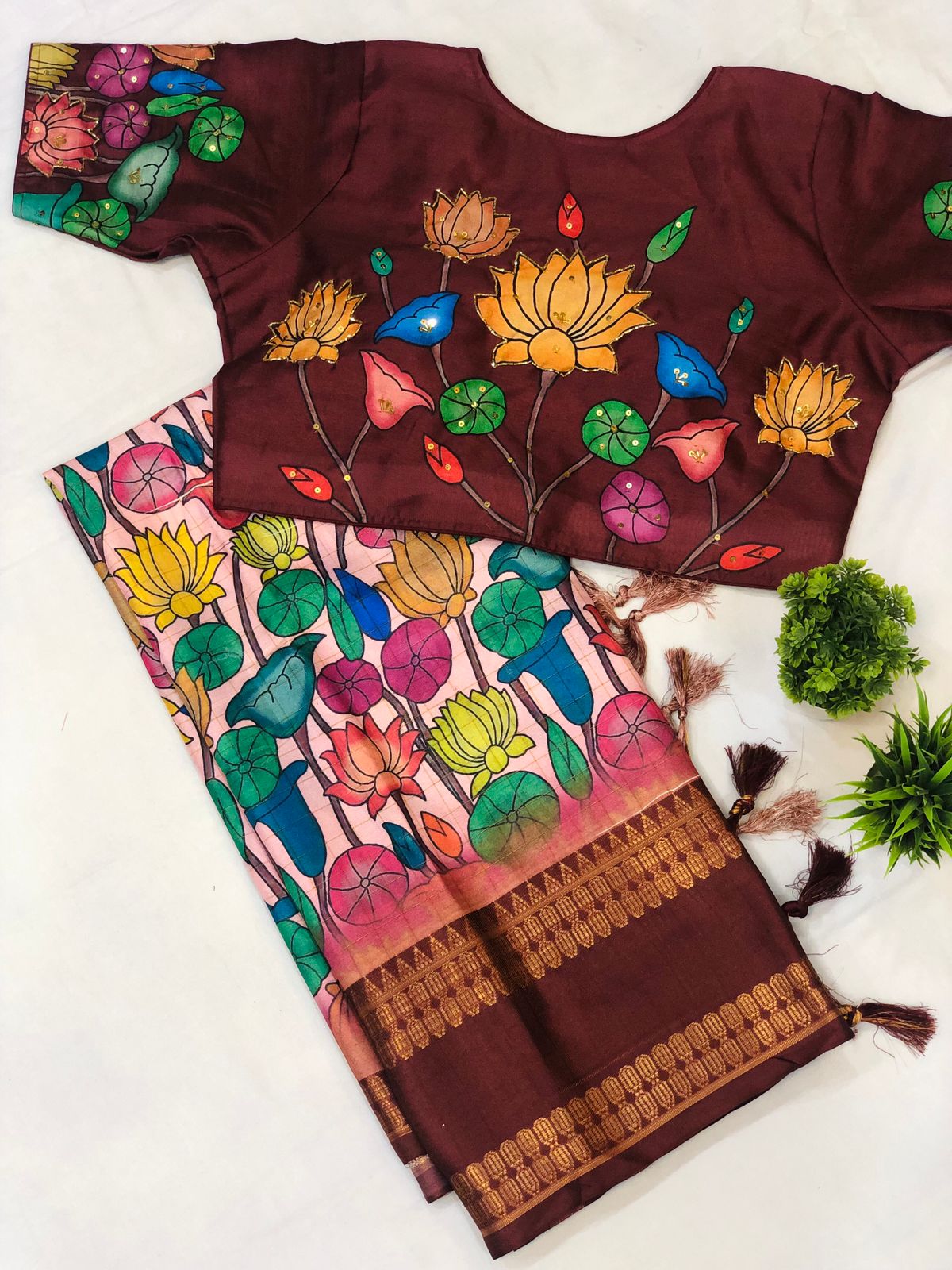 Pichwai Gadwal Pattern semi Pattu Kalmkari Digital Print Designer Saree with blouse 16031N