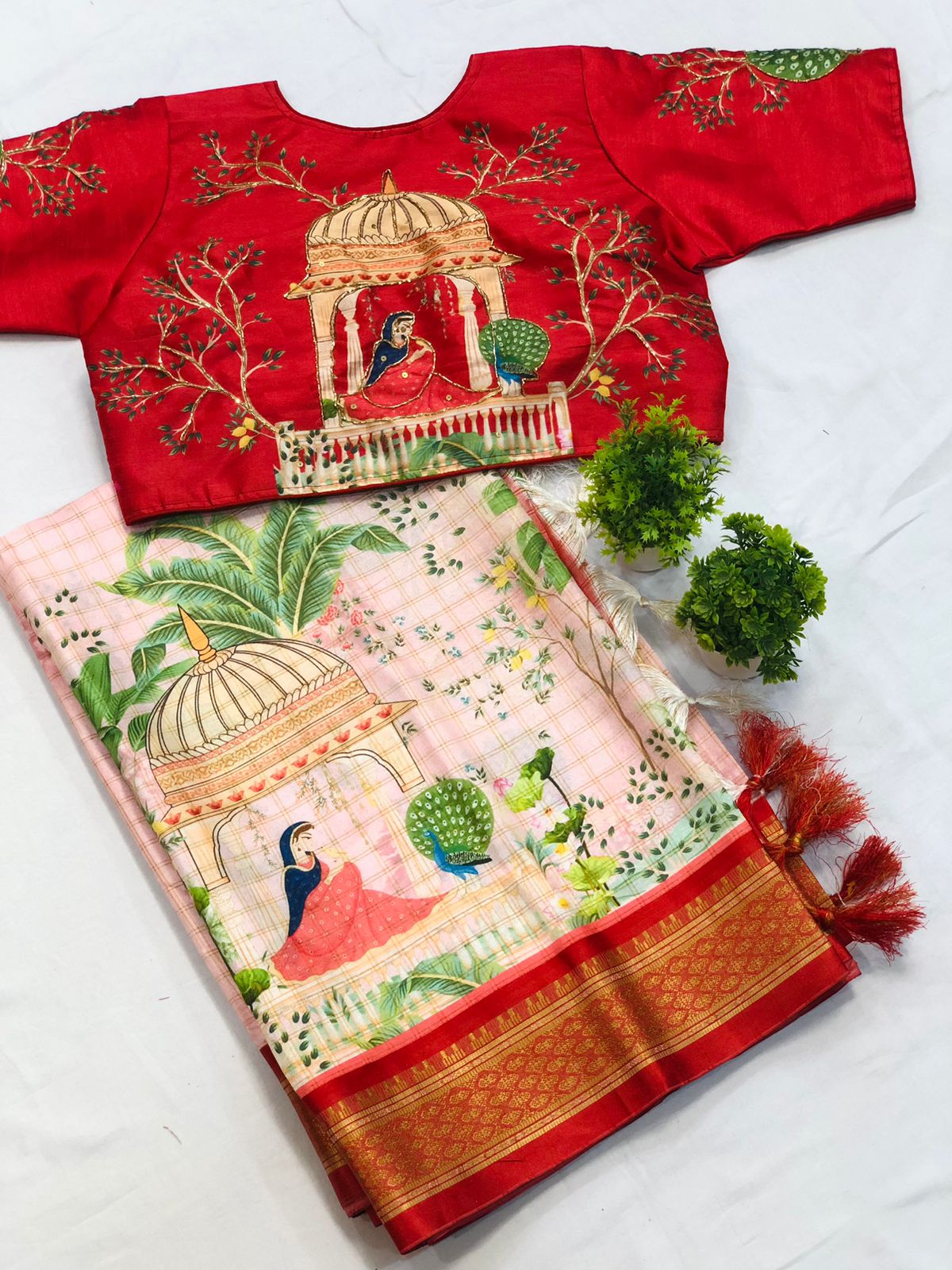 Pichwai Gadwal Pattern semi  Pattu Kalmkari Digital Print Designer Saree with blouse 16035N