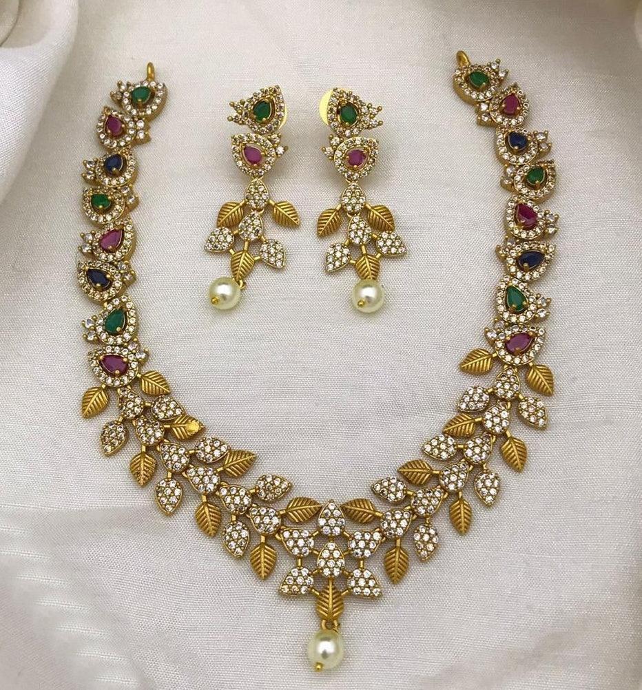 Premium Antique Gold Finish Floral pattern navratna stones 10618N - Griiham