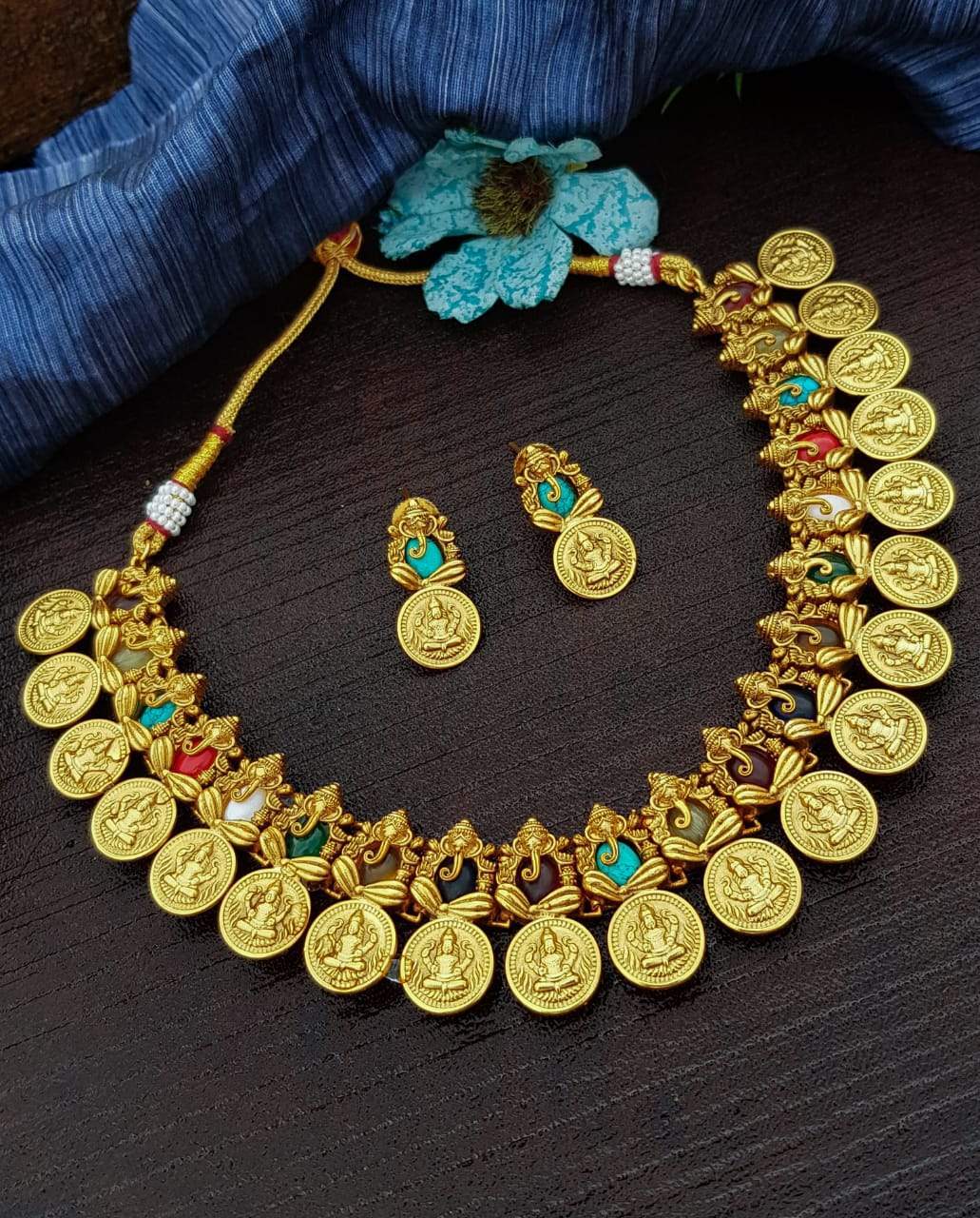 Premium Antique Gold finish Designer Navratna Stone necklace set 19642N-1