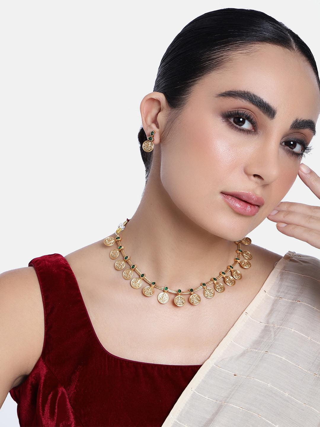 Premium Collection Elegant Ruby and emerald Multicolor Kasu Necklace Set 22199N - Griiham