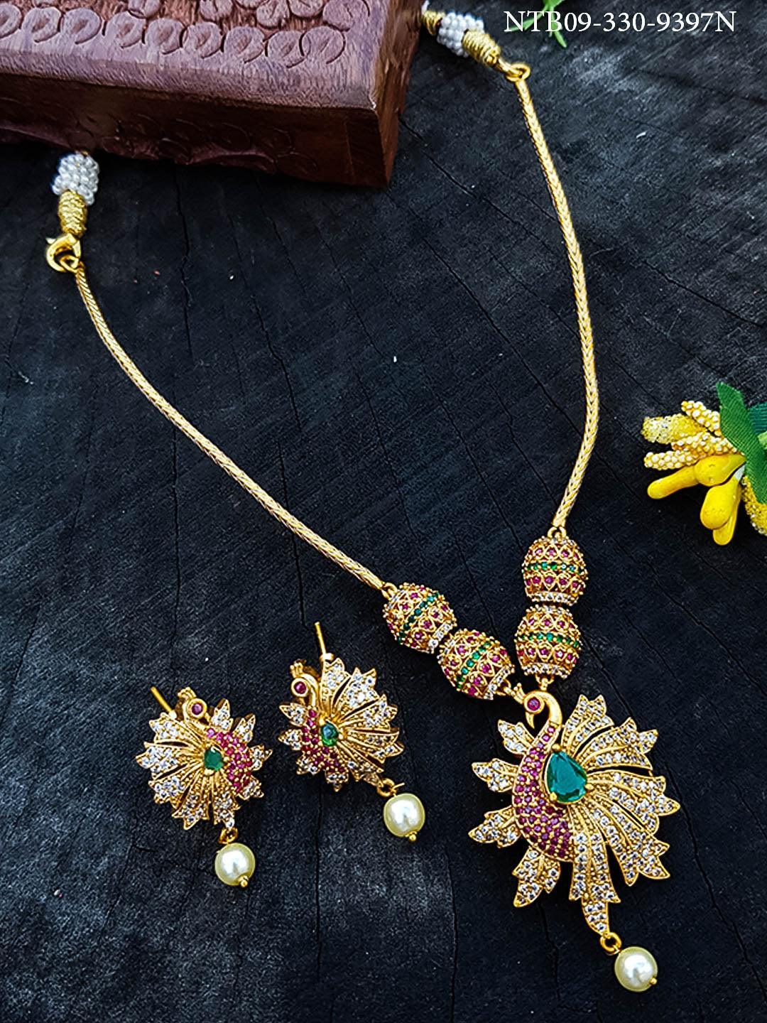 Premium Gold Finish CZ Studded Peacock Pendant Set 9397N - Griiham