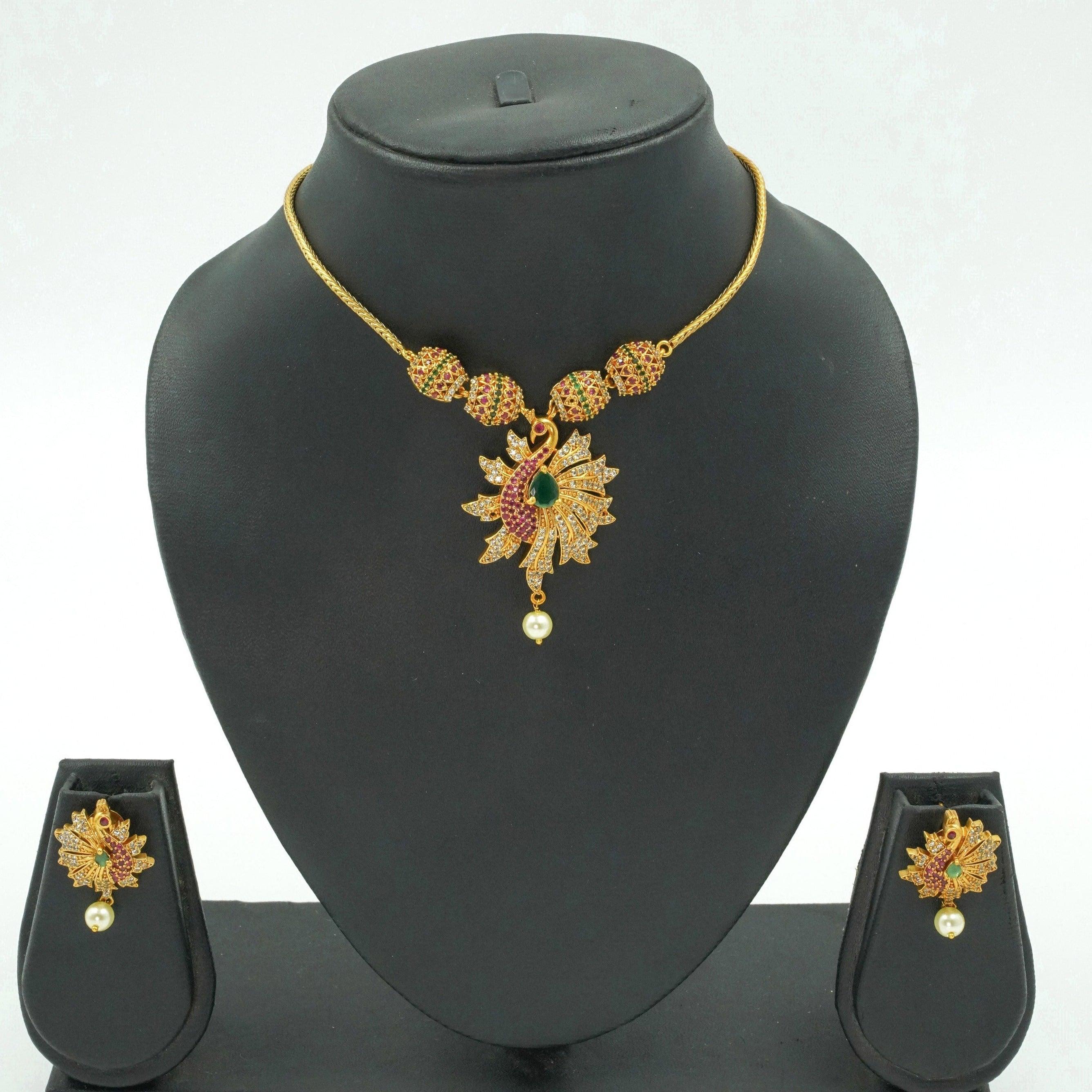 Premium Gold Finish CZ Studded Peacock Pendant Set 9397N - Griiham