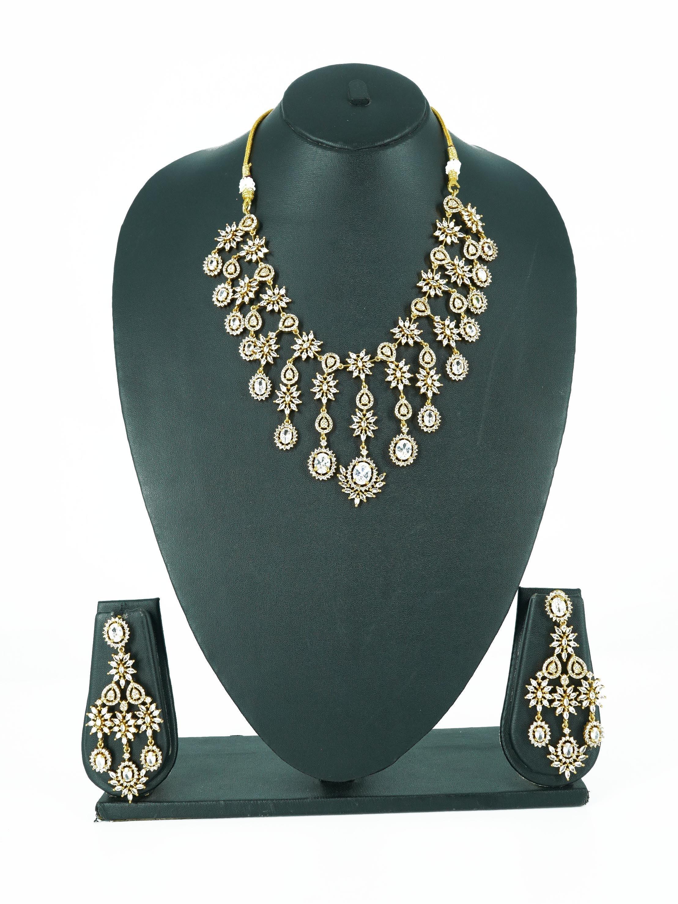 Premium Gold Finish Designer CZ Stones Necklace Set 16195N - Griiham