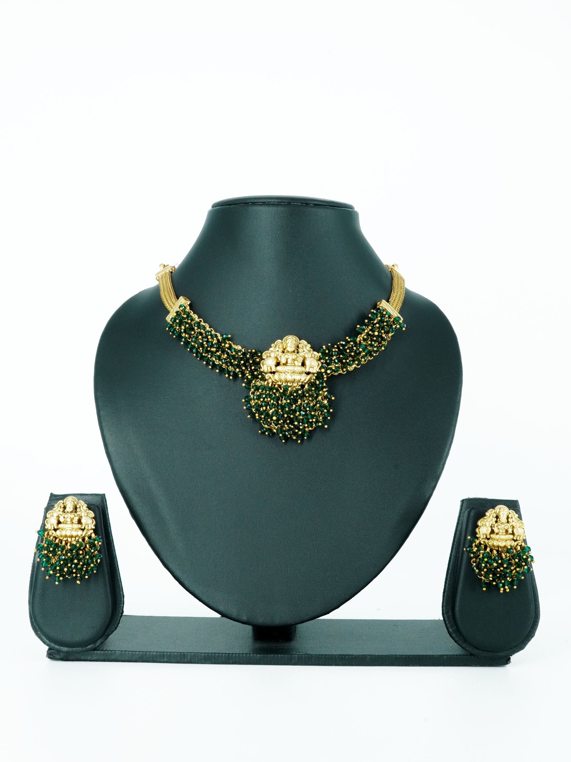 Premium Gold Finish Designer Laxmi Necklace with Crystal drops 12499N