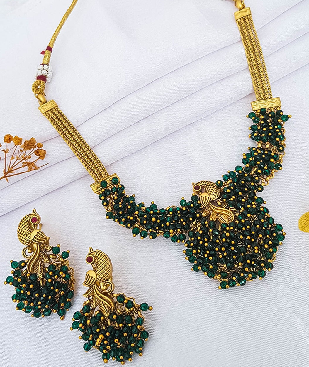Premium Gold Finish Designer Peacock Necklace with Crystal drops 12501N