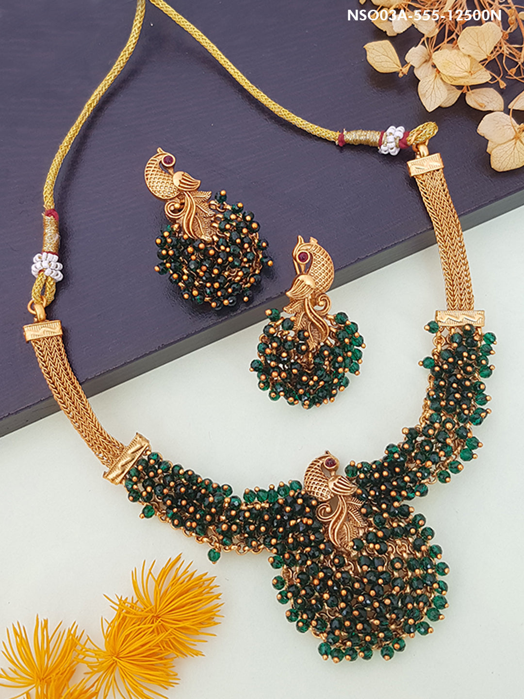 Premium Gold Finish DesignerPeacock Necklace with Crystal drops 12500N