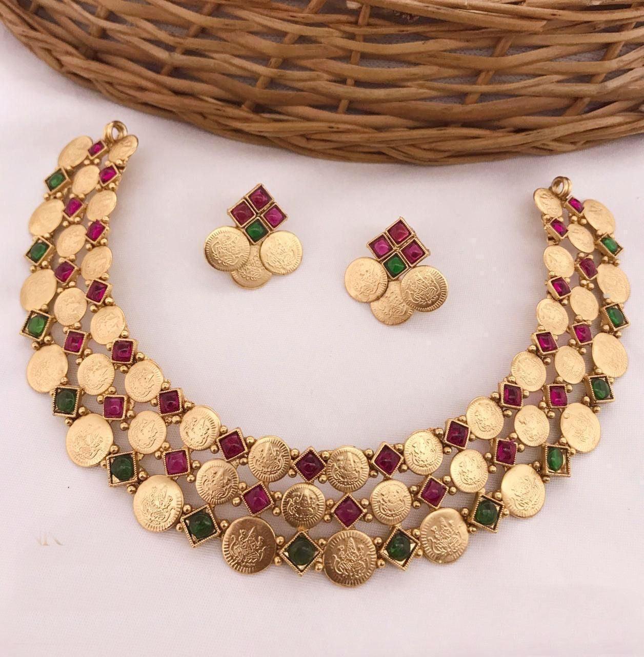 Premium Gold Finish Layered Coin Laxmi Necklace set 9372N - Griiham
