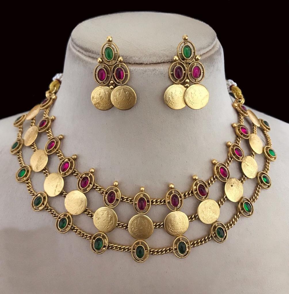 Premium Gold Finish Layered Coin Laxmi Necklace set 19517N - Griiham