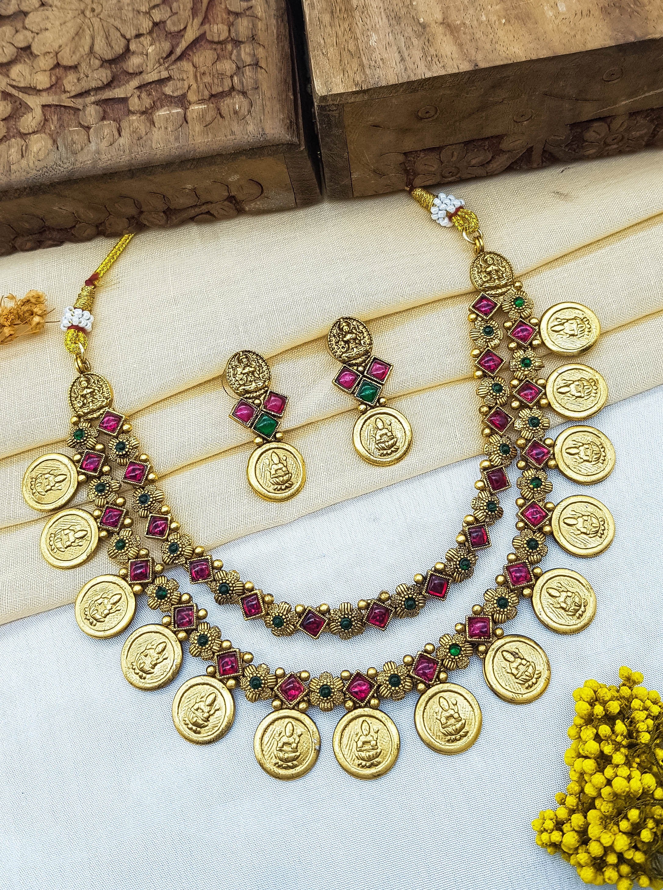 Premium Gold Finish Layered Coin Necklace set 22108N