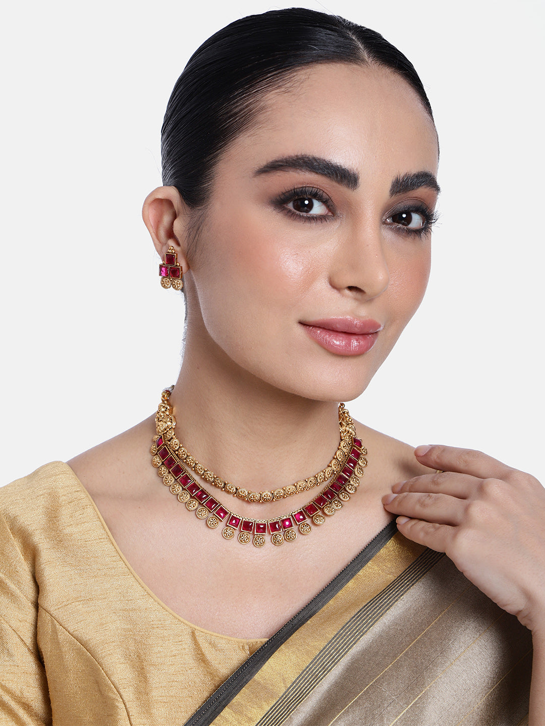 Premium Gold Finish Layered Necklace Set with CZ Stones 22103N