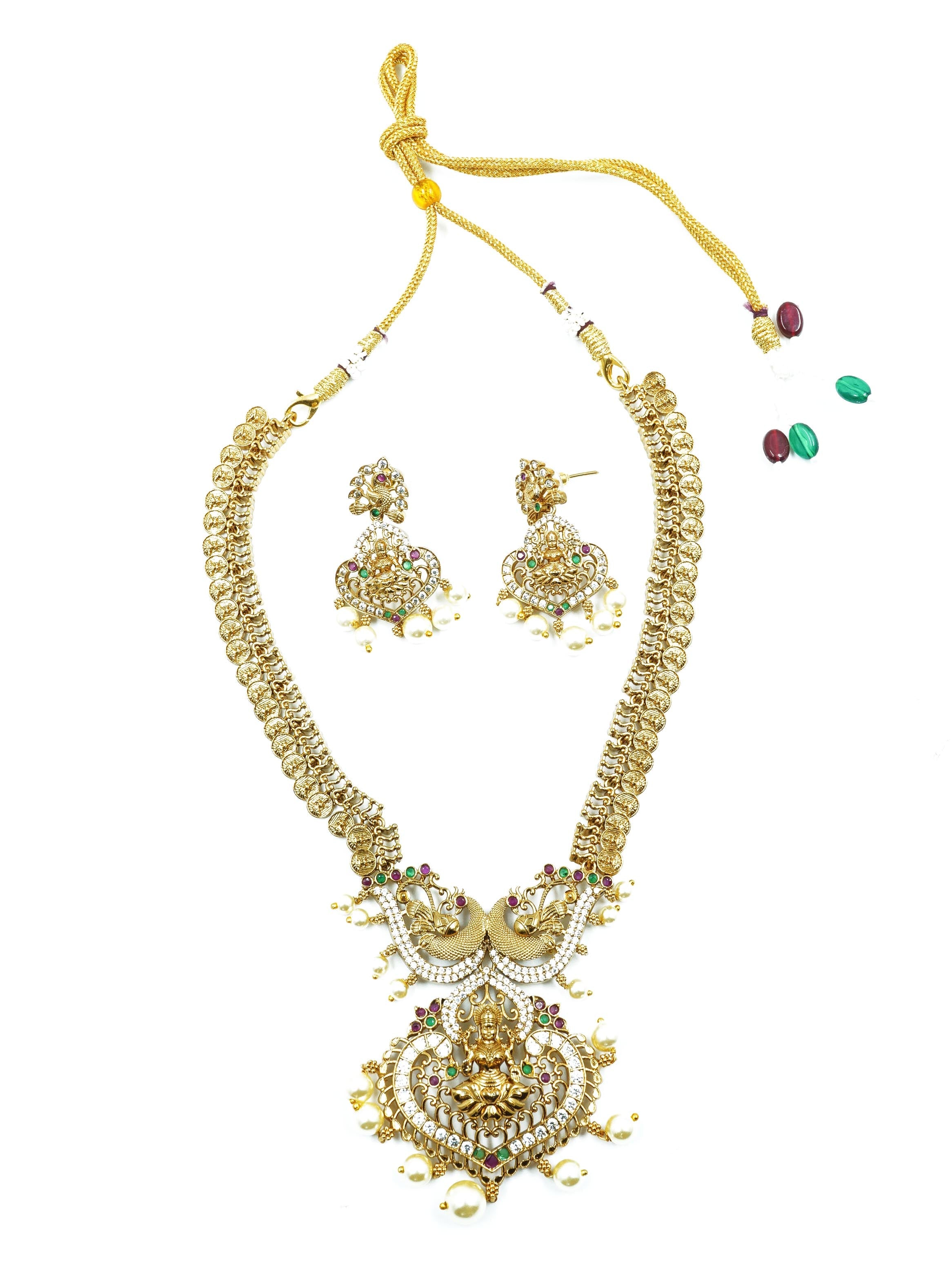 Premium Gold Finish Long Laxmi Hara Necklace Set with CZ Stones 16698N