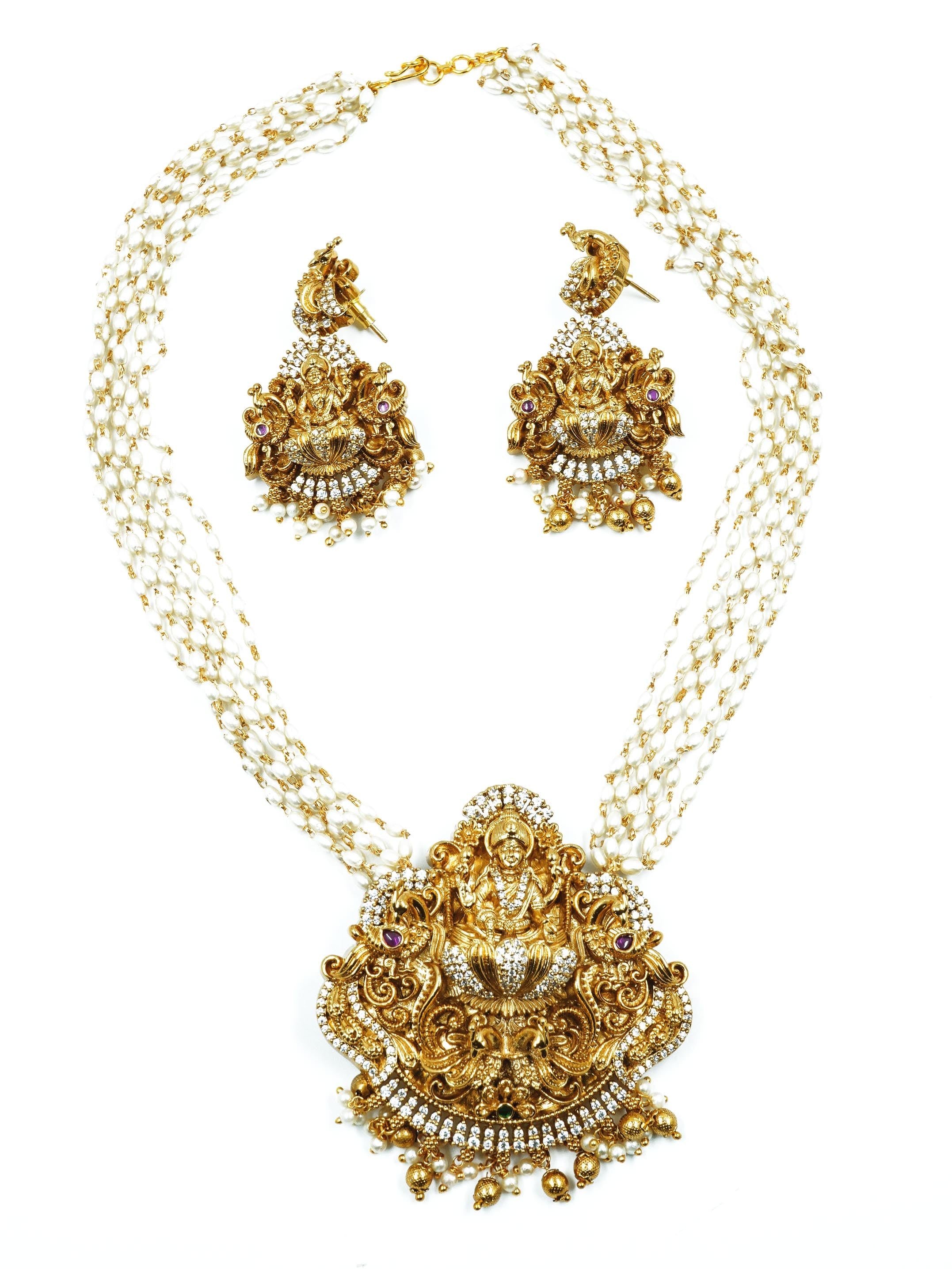 Premium Gold Finish Long Laxmi Hara Necklace Set with Pearl mala and CZ Stones 16189N