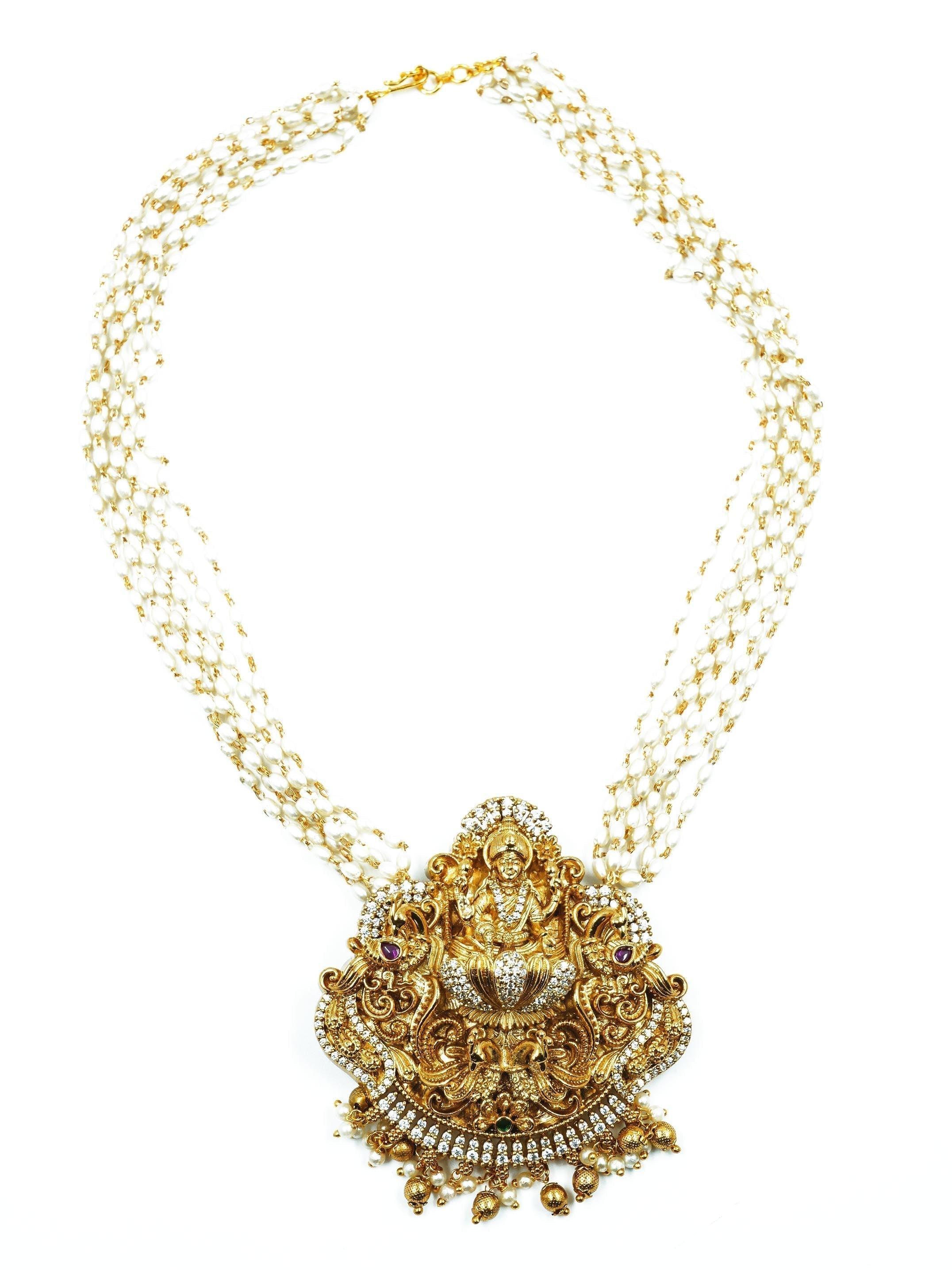 Premium Gold Finish Long Laxmi Hara Necklace Set with Pearl mala and CZ Stones - Griiham