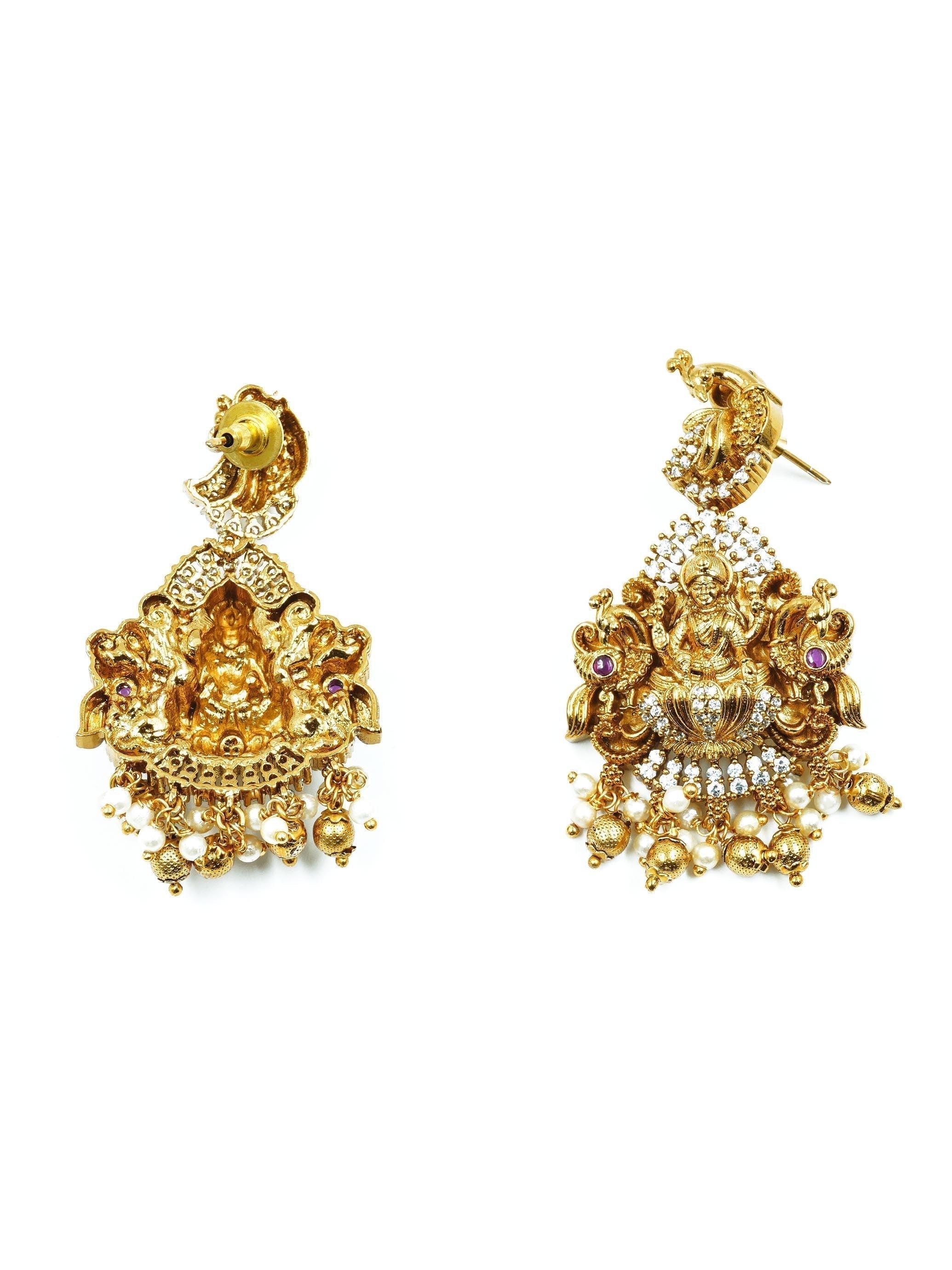 Premium Gold Finish Long Laxmi Hara Necklace Set with Pearl mala and CZ Stones - Griiham