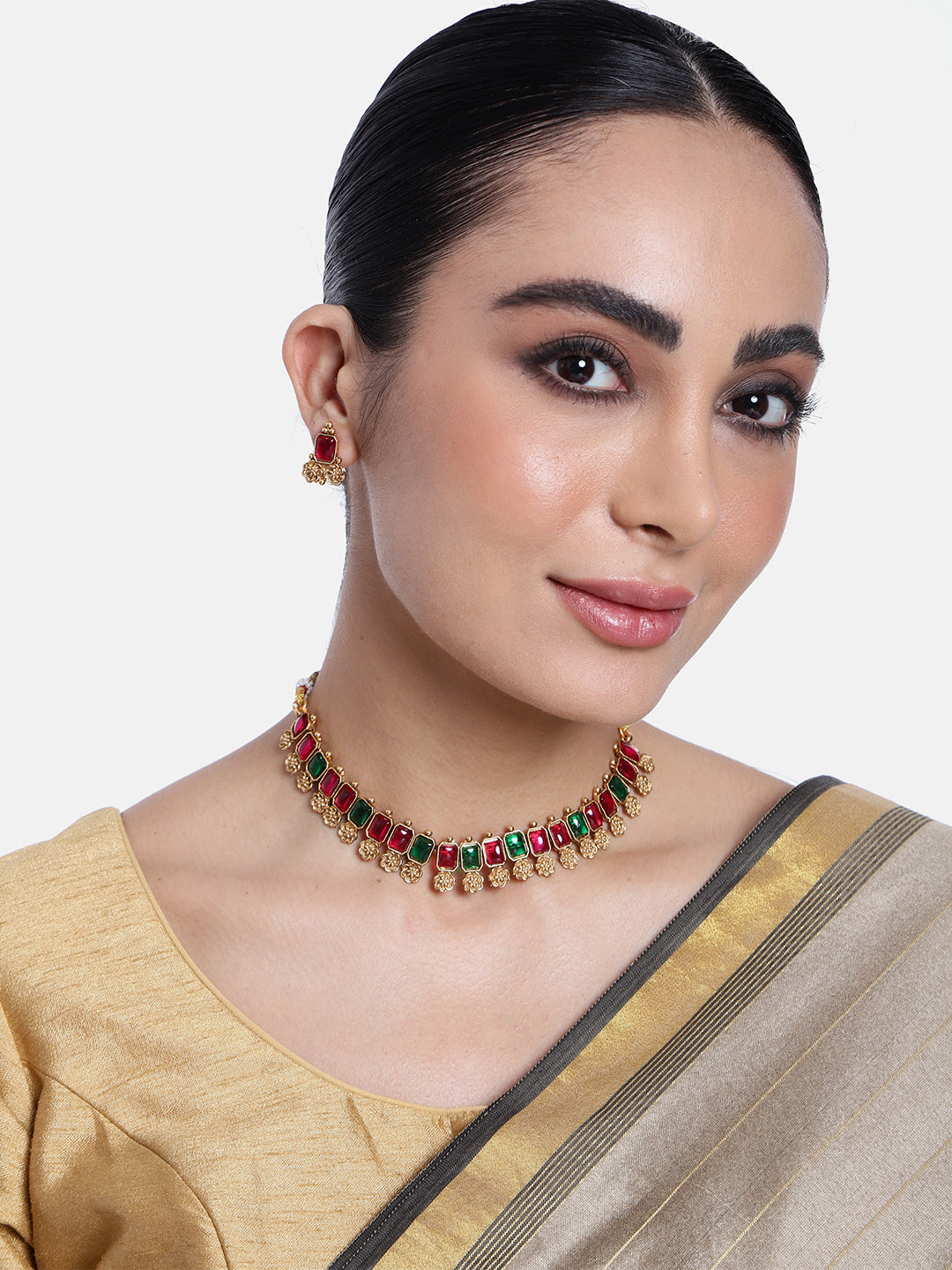 Premium Gold Finish Multicolor stone necklace set 22113N