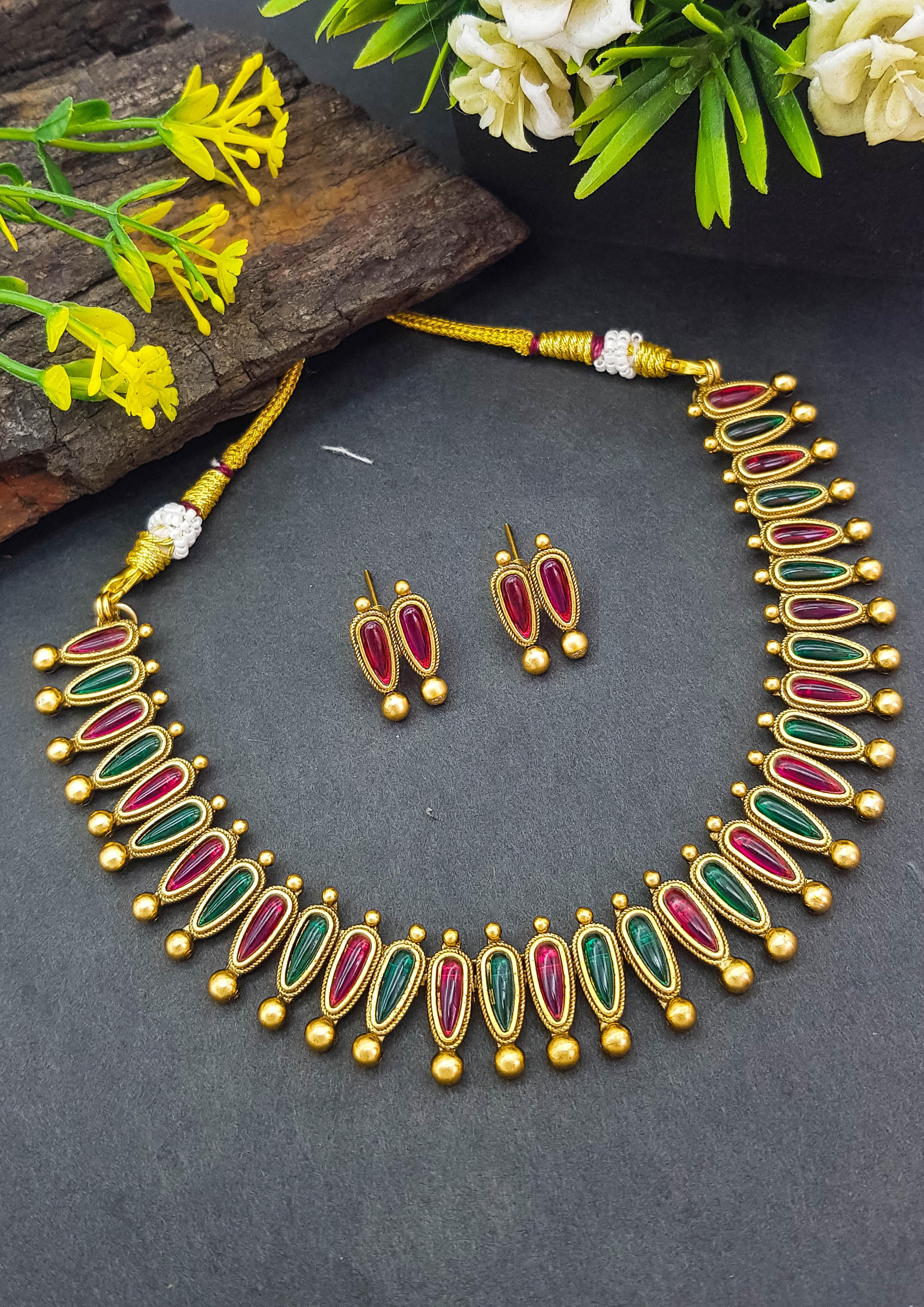 Premium Gold Finish Multicolor stone necklace set - Griiham