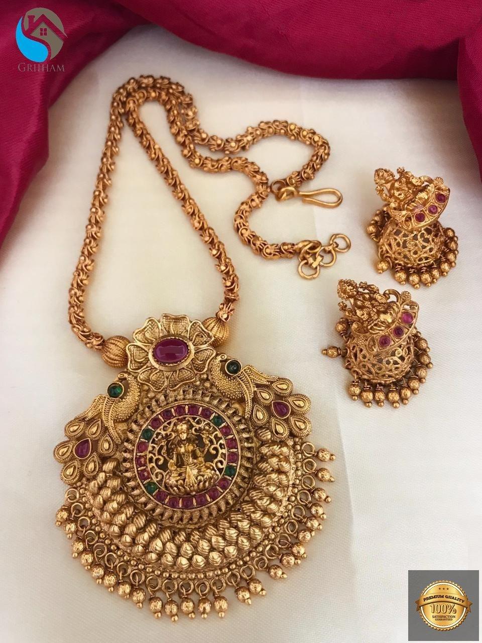Premium Gold Finish Necklace set with Laxmi pendant design and multi stones PNJ10-312-5158N