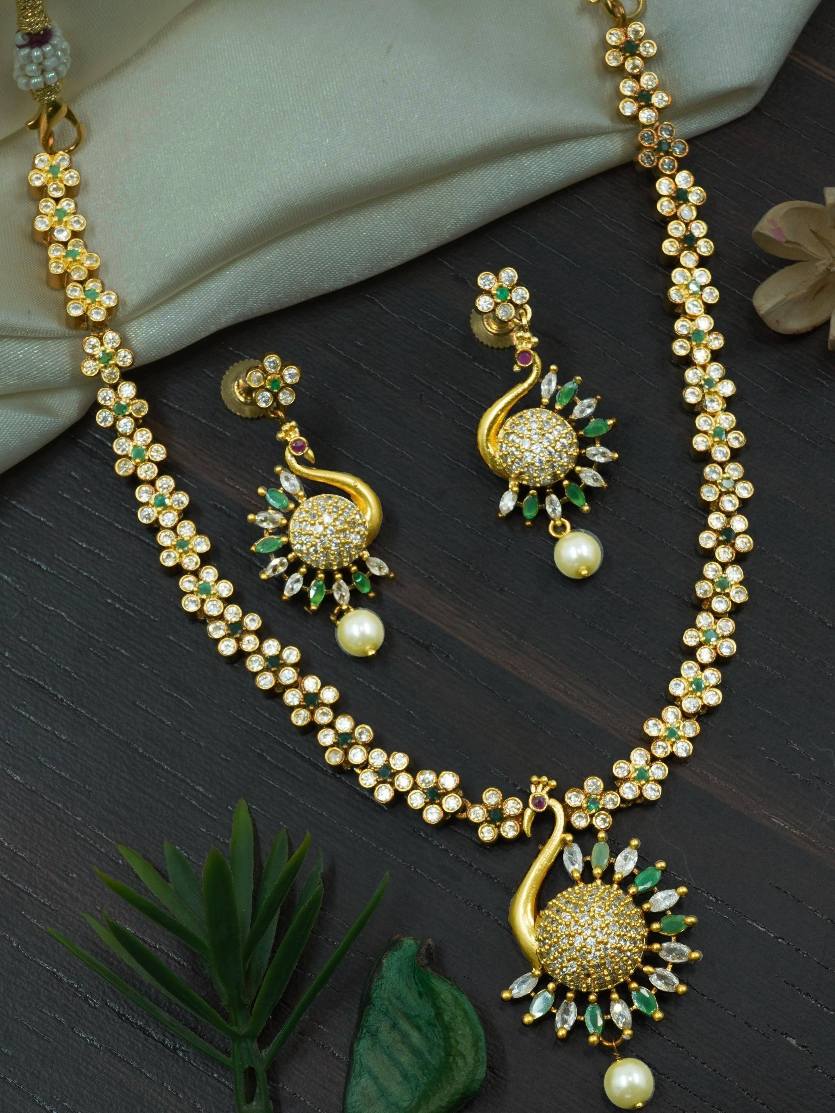 Premium Gold Finish Peacock Necklace with CZ Stones in diff colours 12889N-1