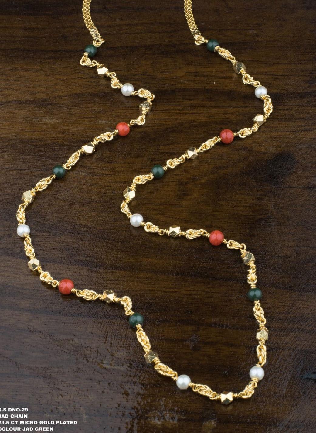 Premium Gold Finish Real Coral Pearl Jade Chain 30 inches 6746N