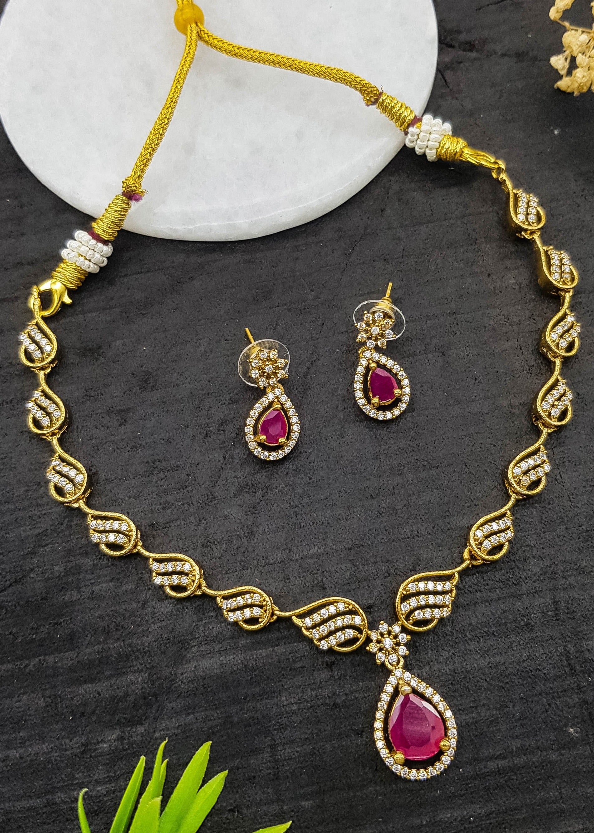 Premium Gold Finish Sayara Collection Necklace with CZ Stones in diff colours 12804N
