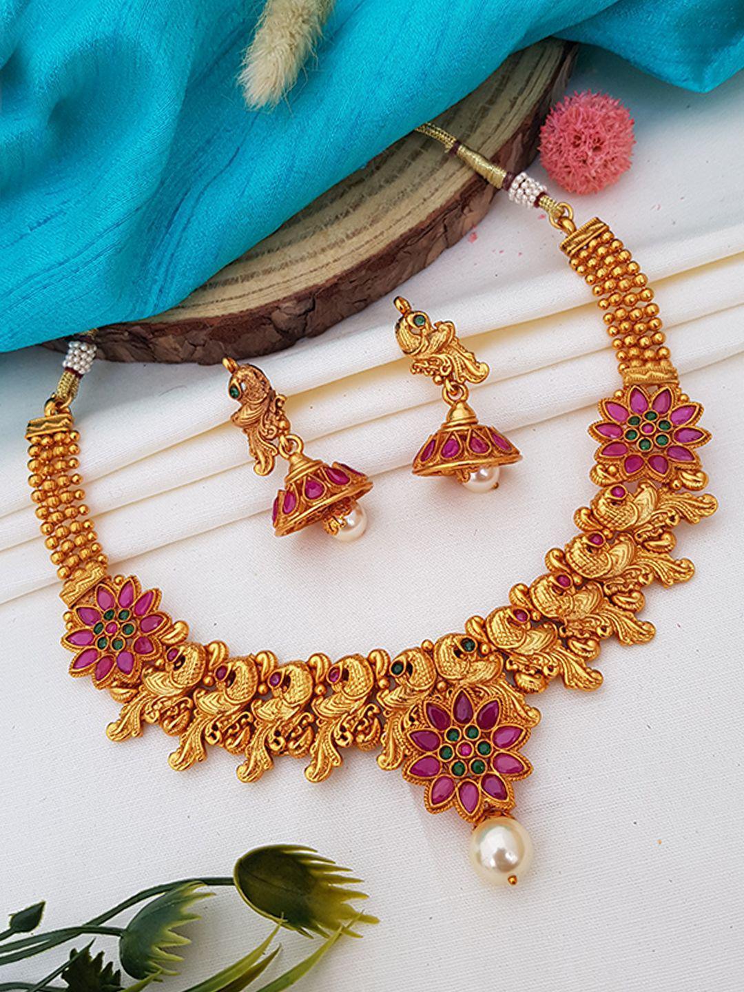Premium Gold Finish Stylish Short Necklace set with Red CZ stones 5343N