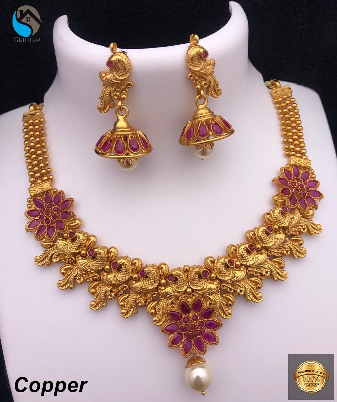 Premium Gold Finish Stylish Short Necklace set with Red CZ stones 5343N