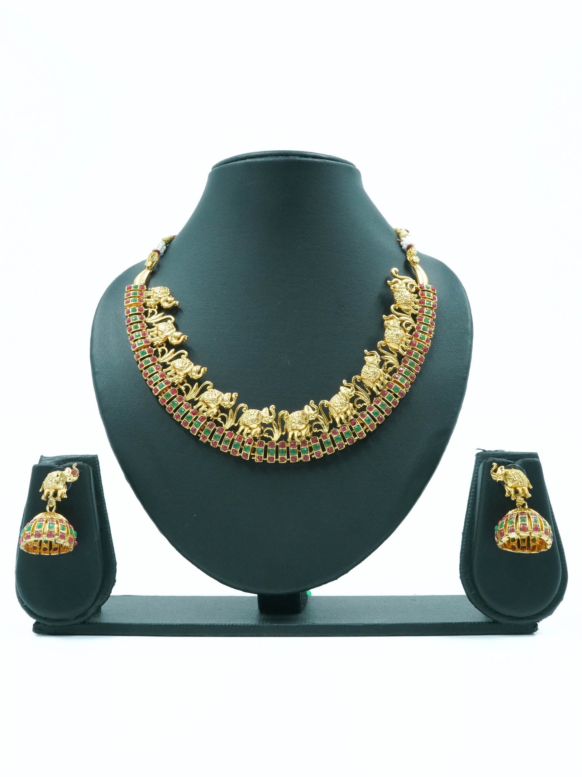 Premium Gold Finish Trending Necklace set with cz stones and Ruby emerald 6557N