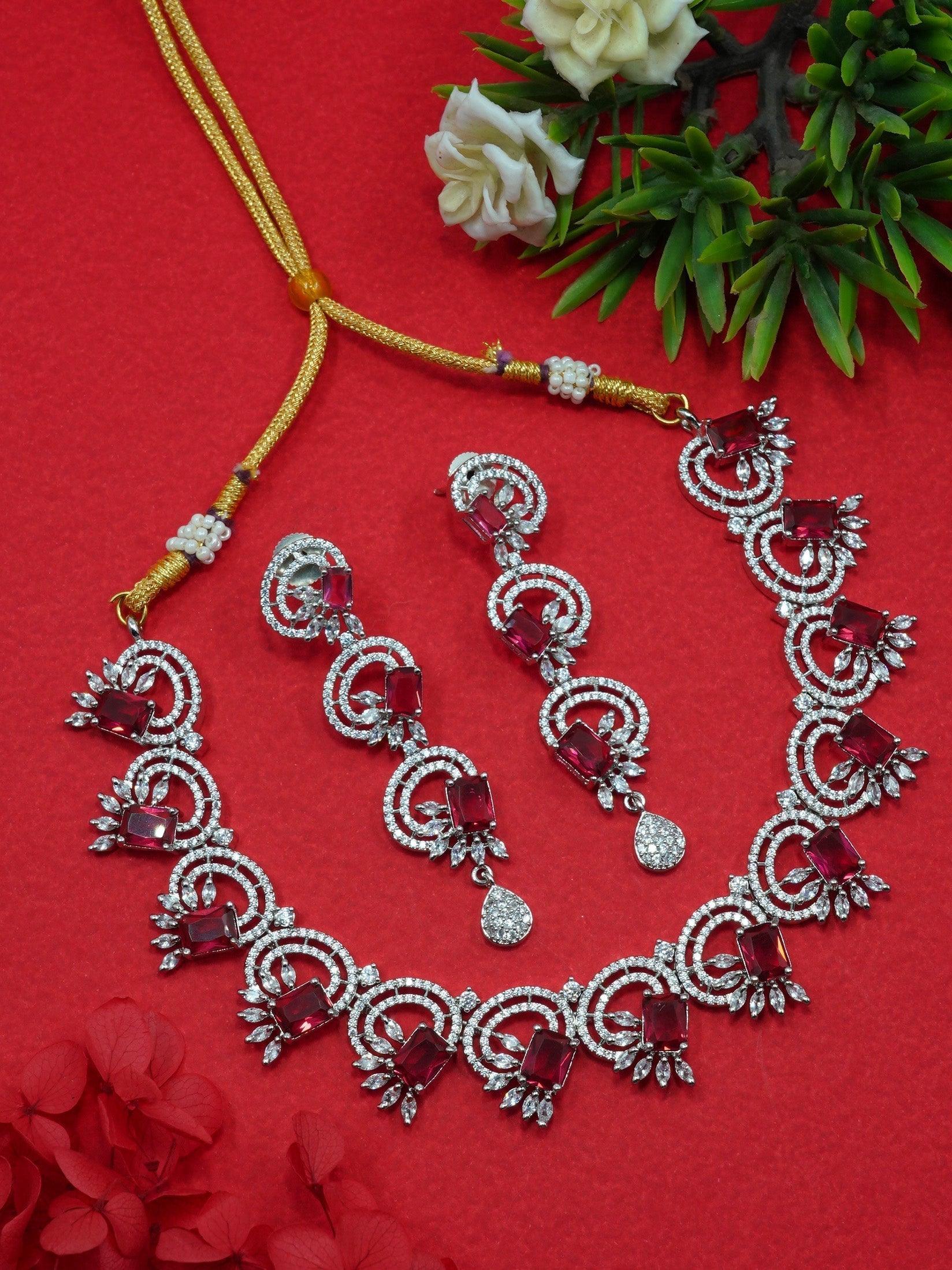 Premium Gold Plated CZ Exclusive handcrafted Necklace Set with Red and White stones 8832N - Griiham