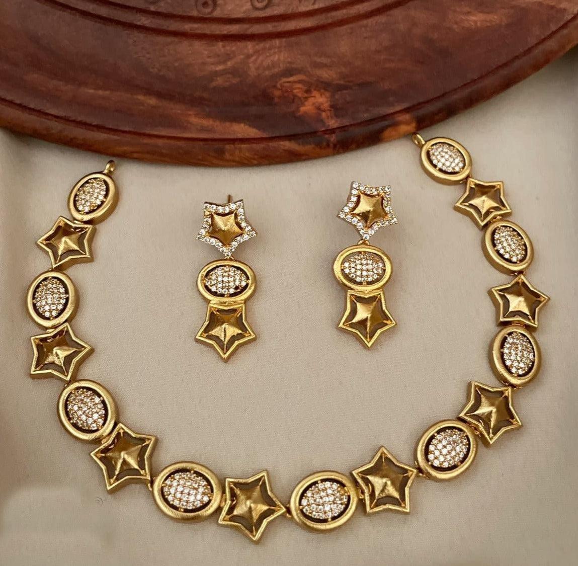 Premium Gold Plated CZ Star Necklace Set with Multi Colour stone
