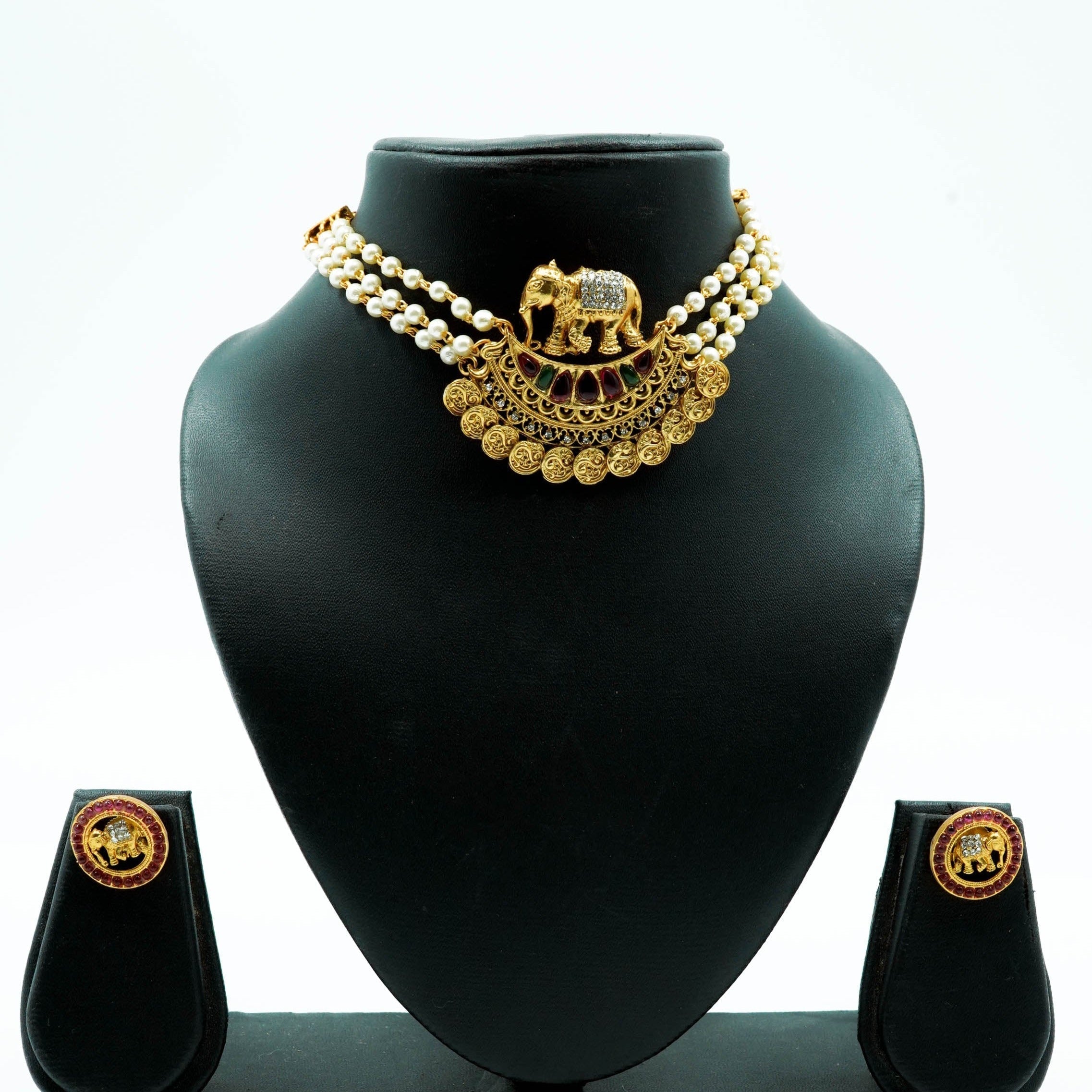 Premium Gold Plated Elephant Motif Short Chic Necklace set 10395N