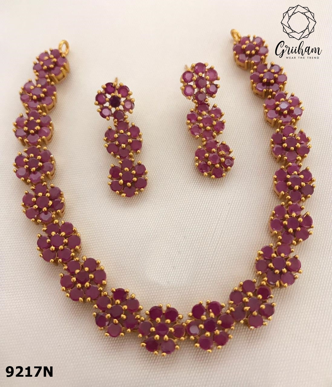 Premium Gold Plated Floral Necklace Set with diff Colours big stones 9217N-Necklace Set-Griiham-Ruby Red-Griiham