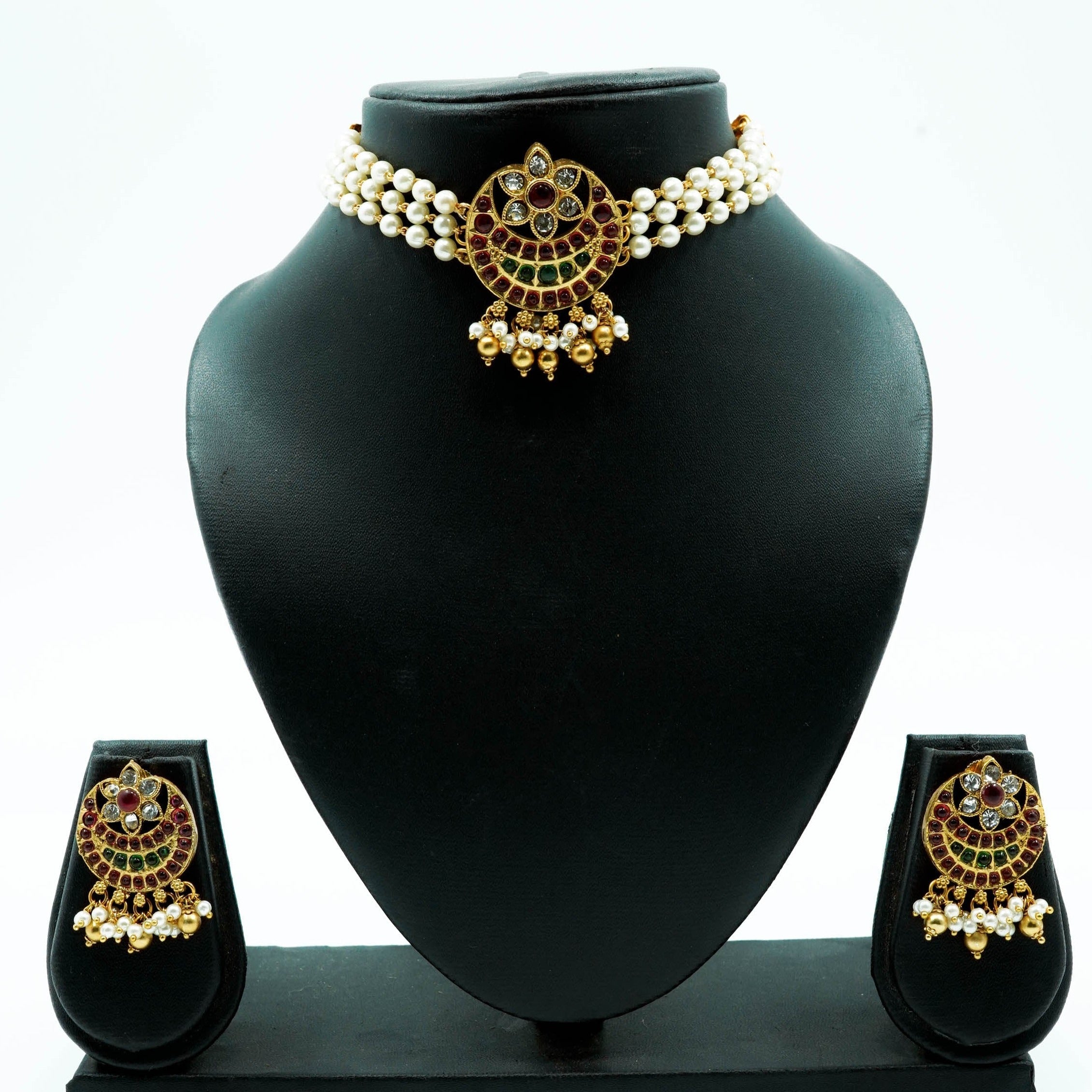 Premium Gold Plated Kempu Studded Chic Necklace set with Pearl String 10400N