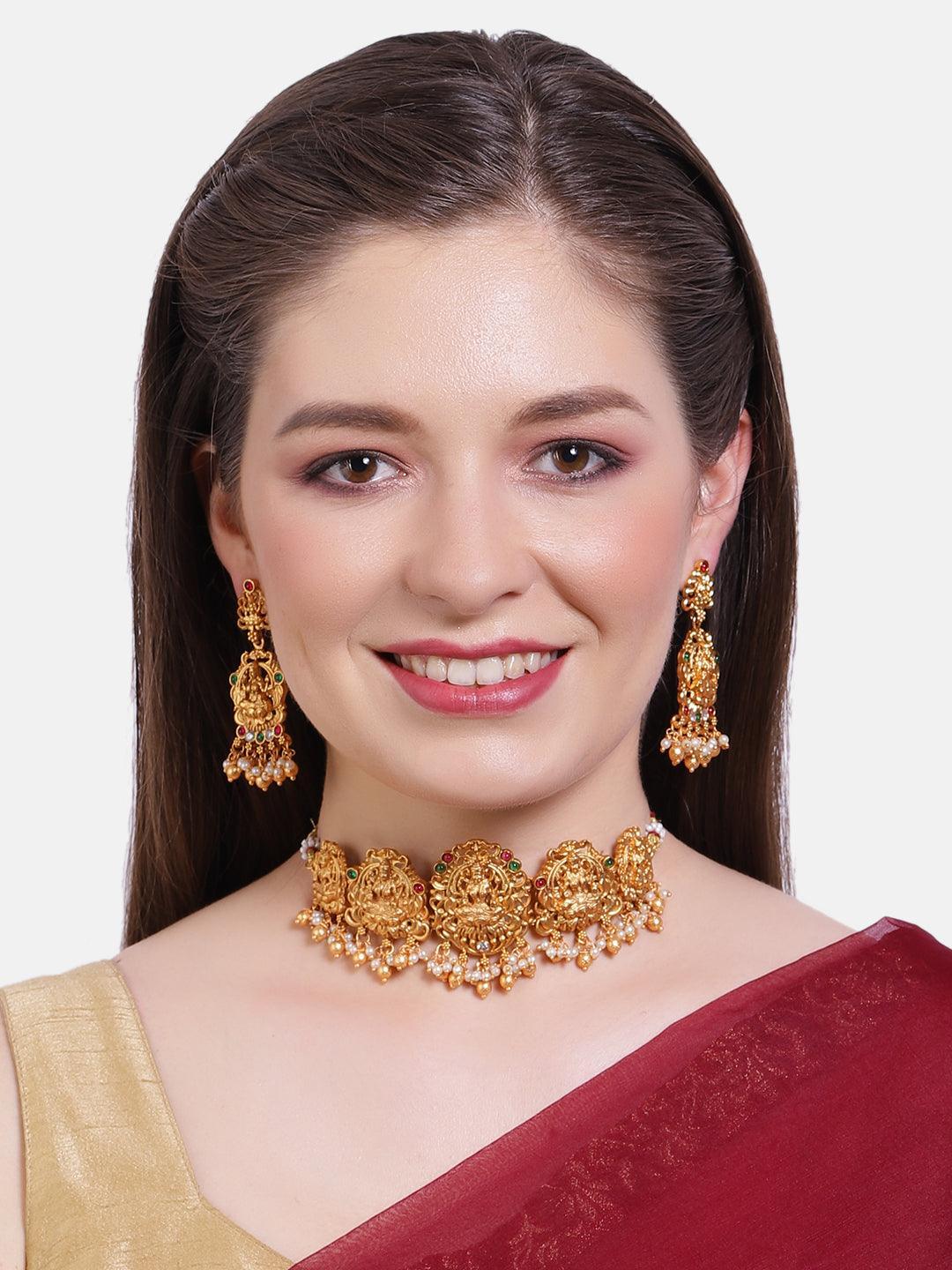Premium Gold Plated Laxmi Choker Set with pearls and gold drop 6470N - Griiham