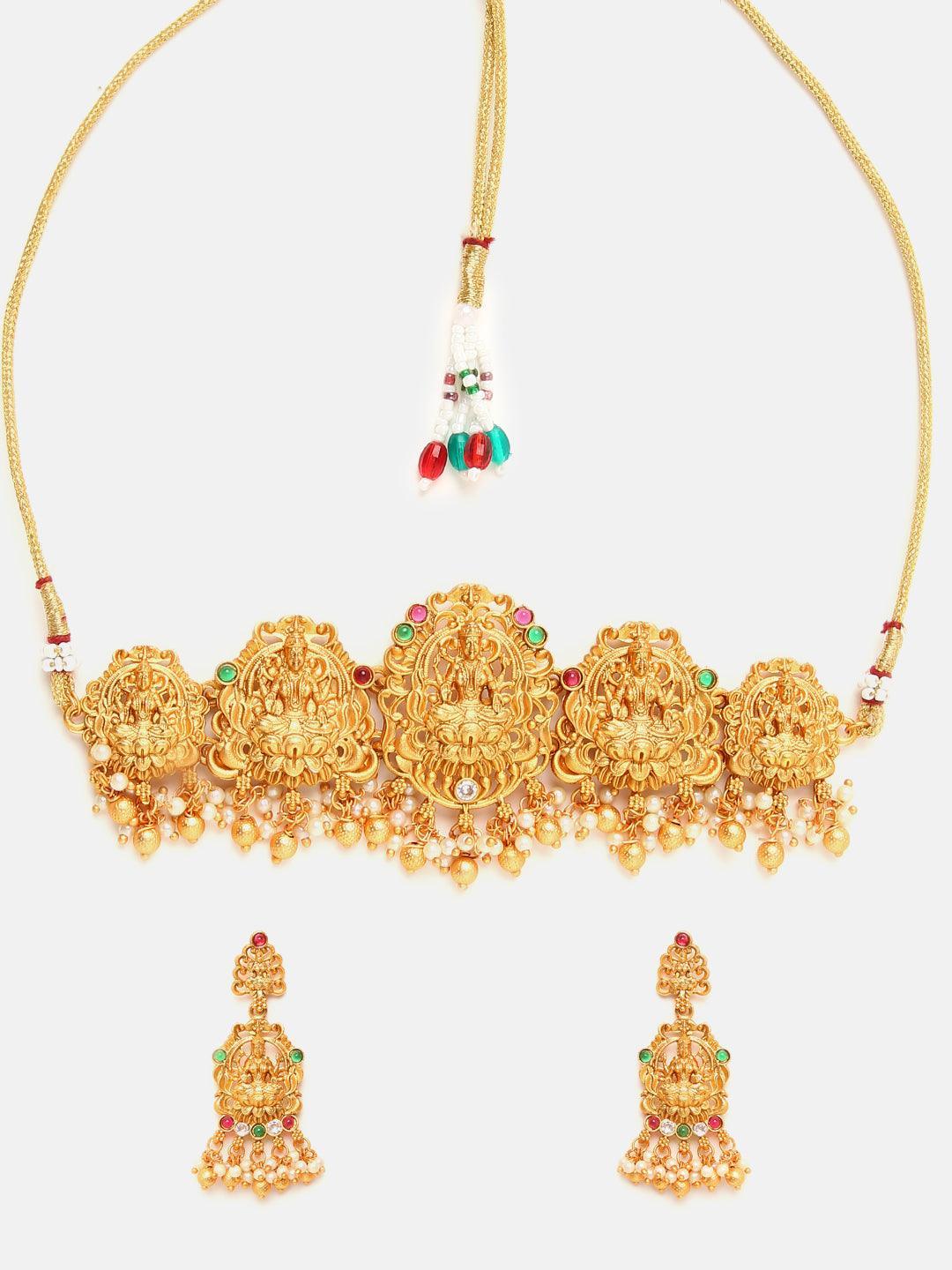 Premium Gold Plated Laxmi Choker Set with pearls and gold drop 6470N - Griiham