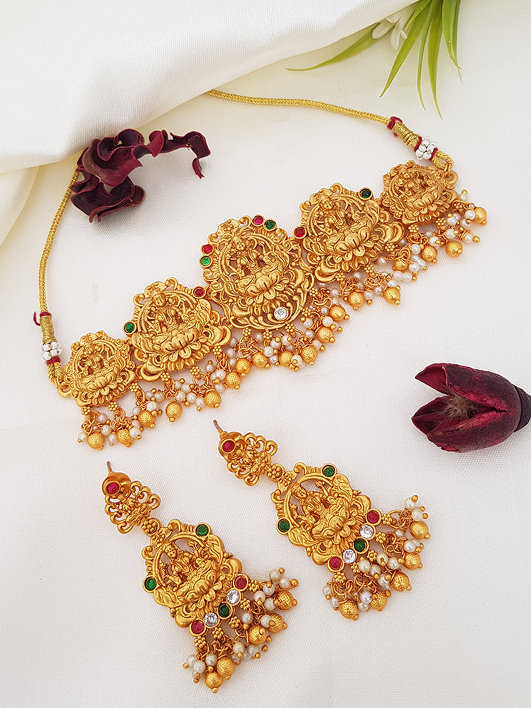 Premium Gold Plated Laxmi Choker Set with pearls and gold drop 6470N