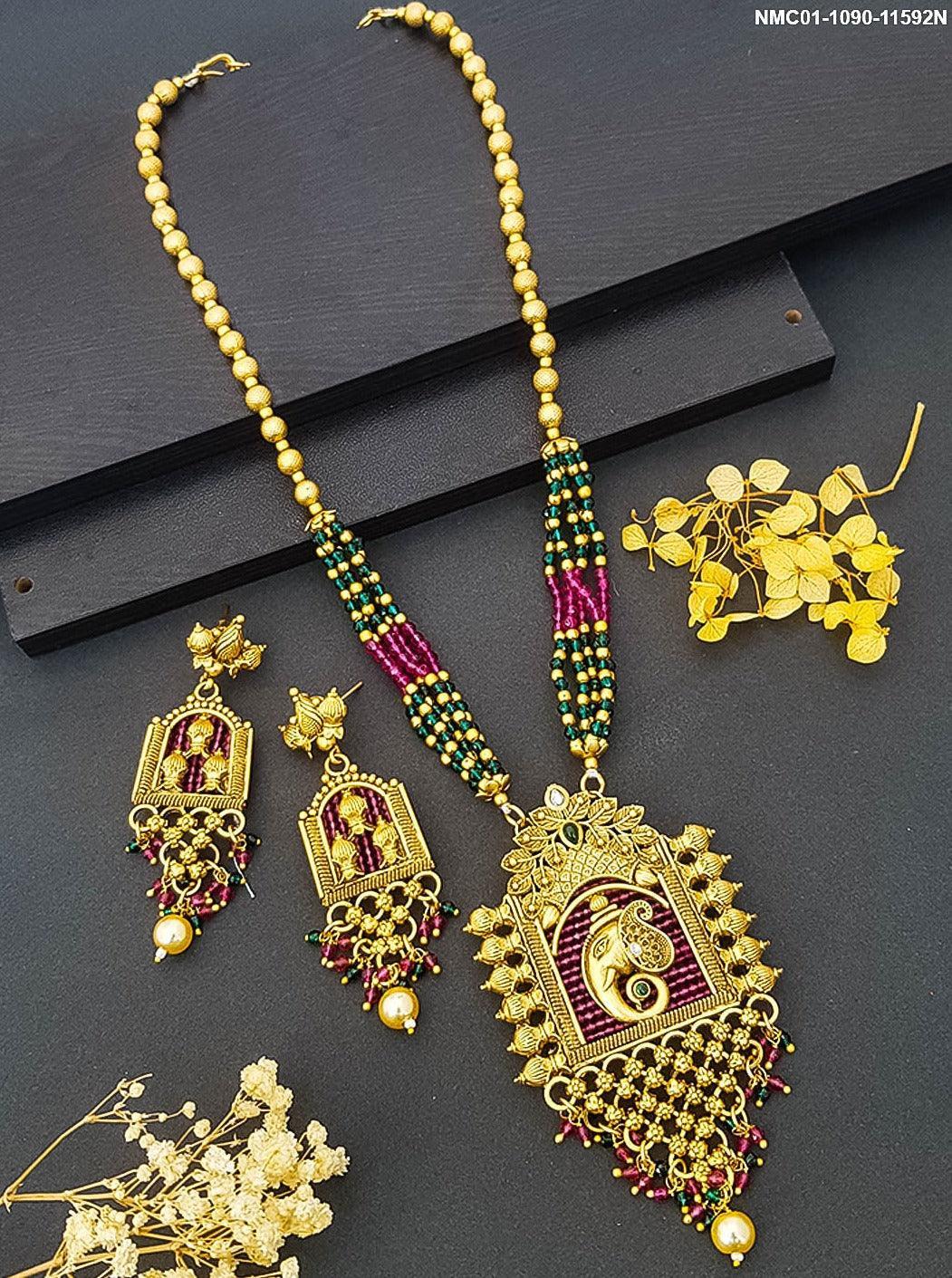 Premium Gold Plated Long Bridal Necklace Set with Stones 11591N - Griiham
