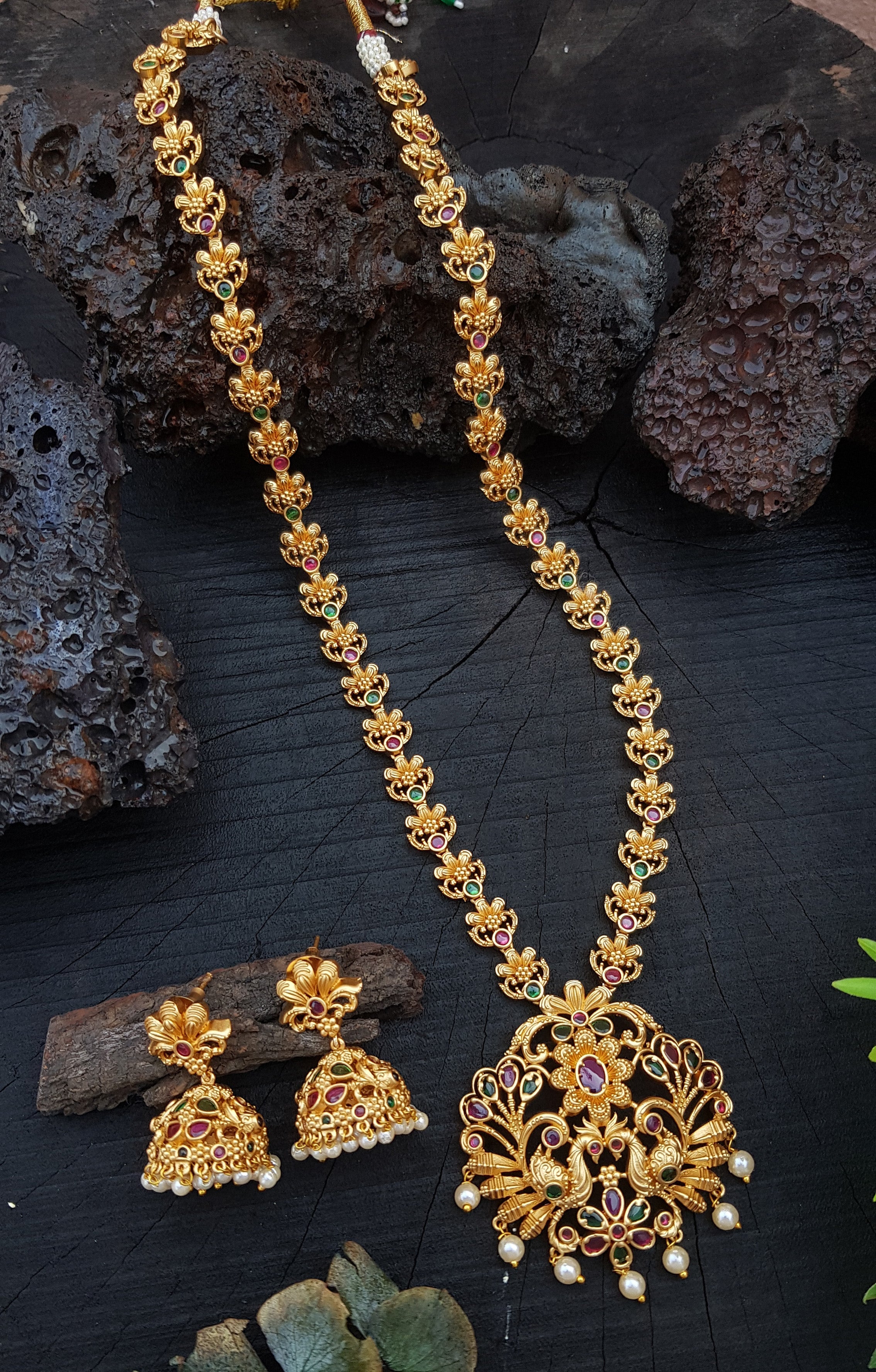 Premium Gold Plated Long Hara Necklace Set with CZ Stones 18946N