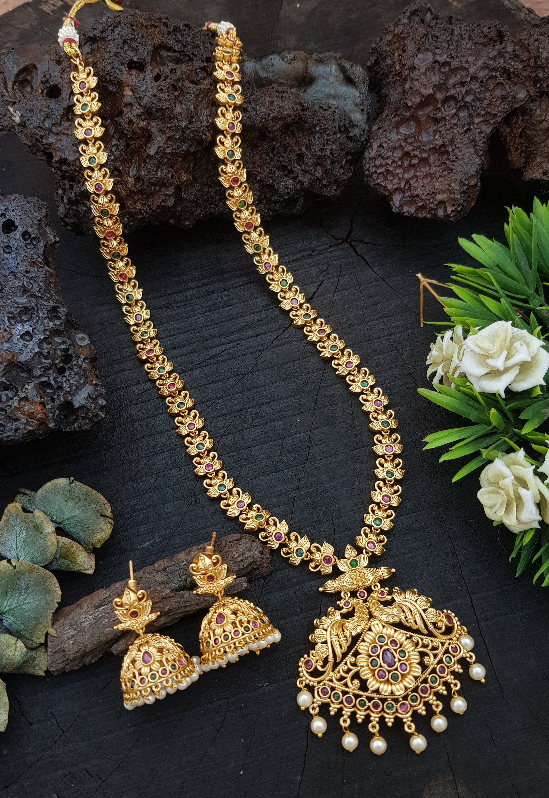 Premium Gold Plated Long Hara Necklace Set with CZ Stones 18948N