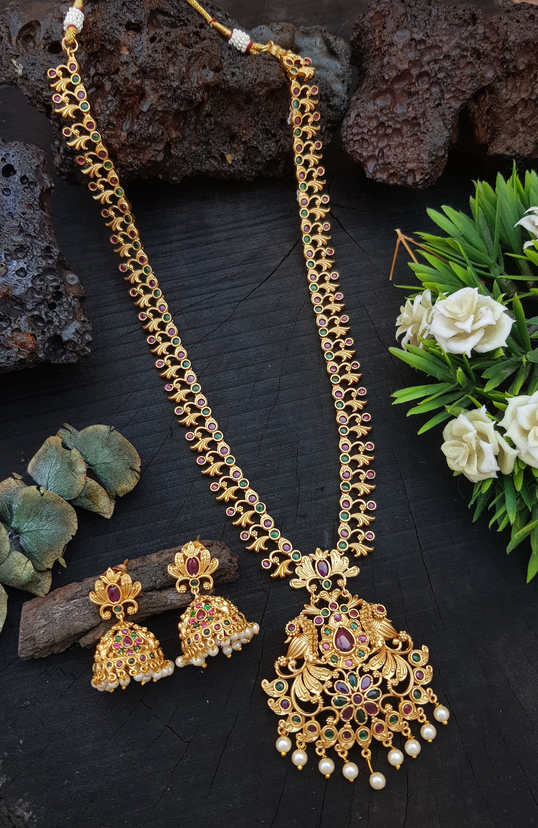 Premium Gold Plated Long Hara Necklace Set with CZ Stones 18950N
