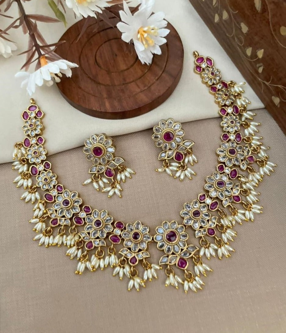 Premium Gold Plated Polki Necklace set with Rice pearls 14135N