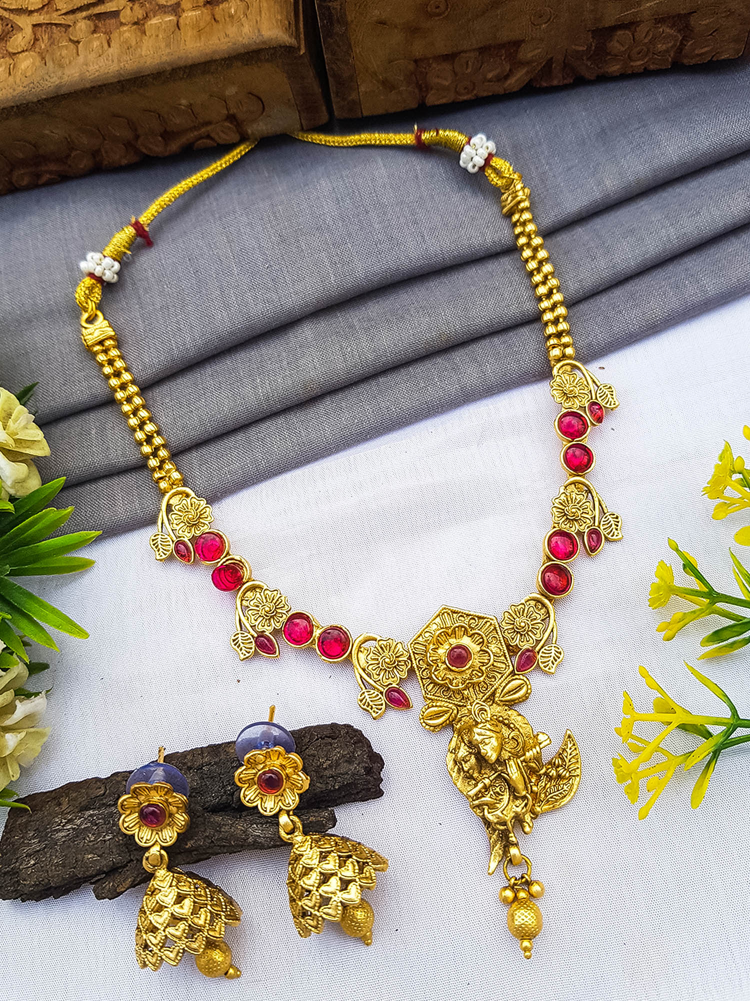 Premium Gold Plated Radhe Krishna Necklace Set in different colors 11991N-1