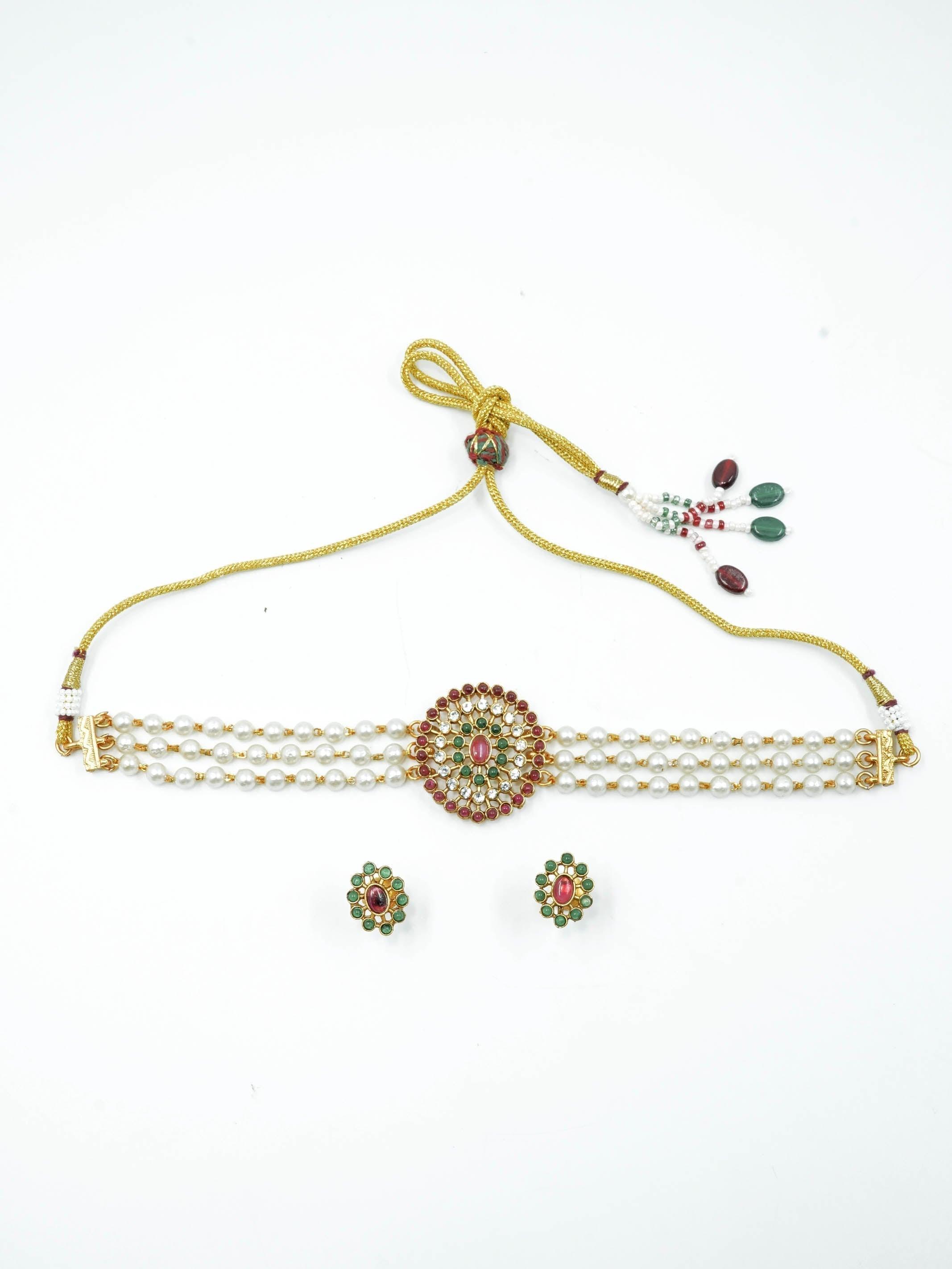 Premium Gold Plated Stone Chic Necklace set with Pearl String 10415N - Griiham